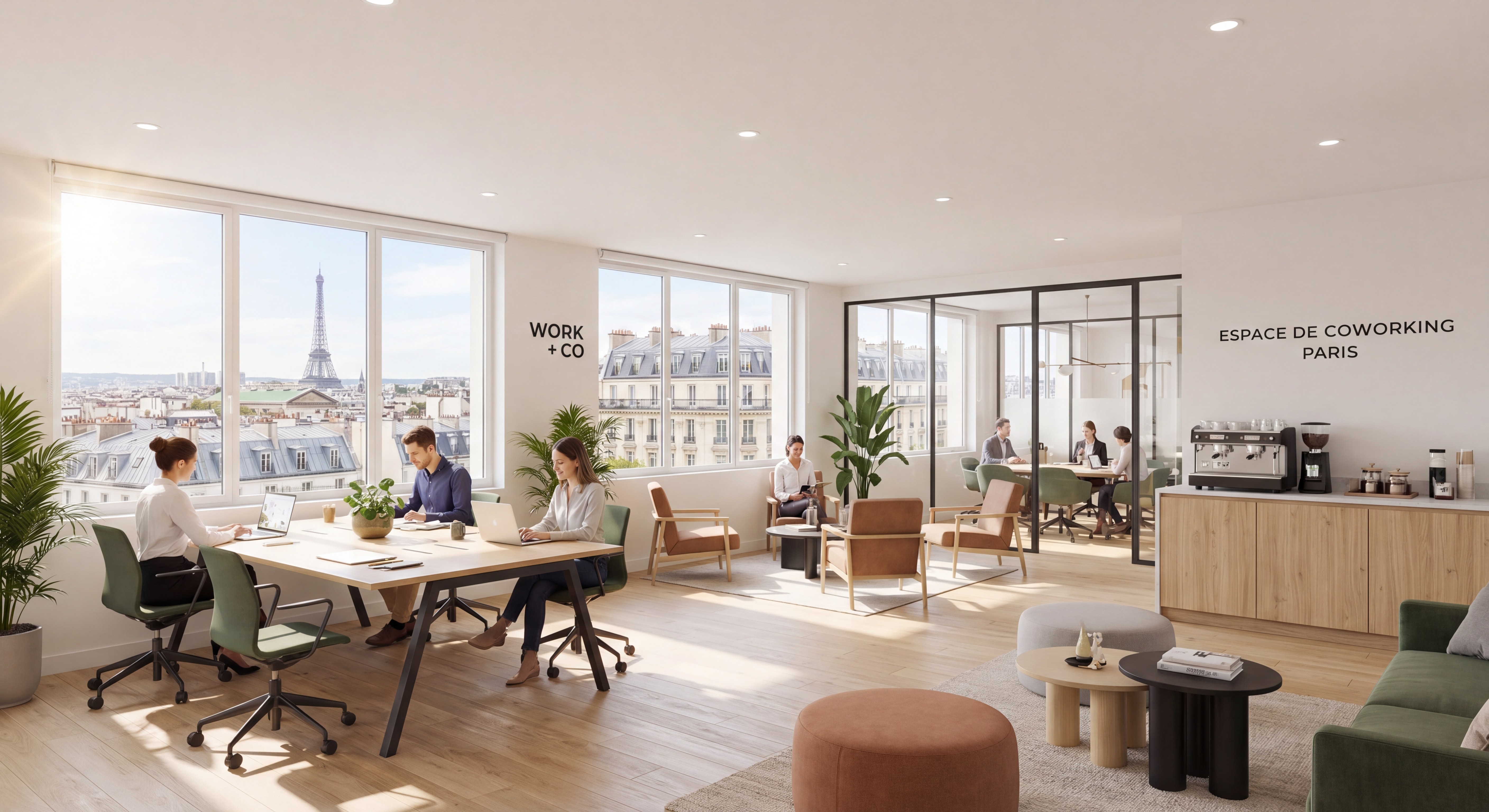 Espace de coworking moderne à Paris avec open space lumineux, bureaux flexibles et vue sur les toits parisiens