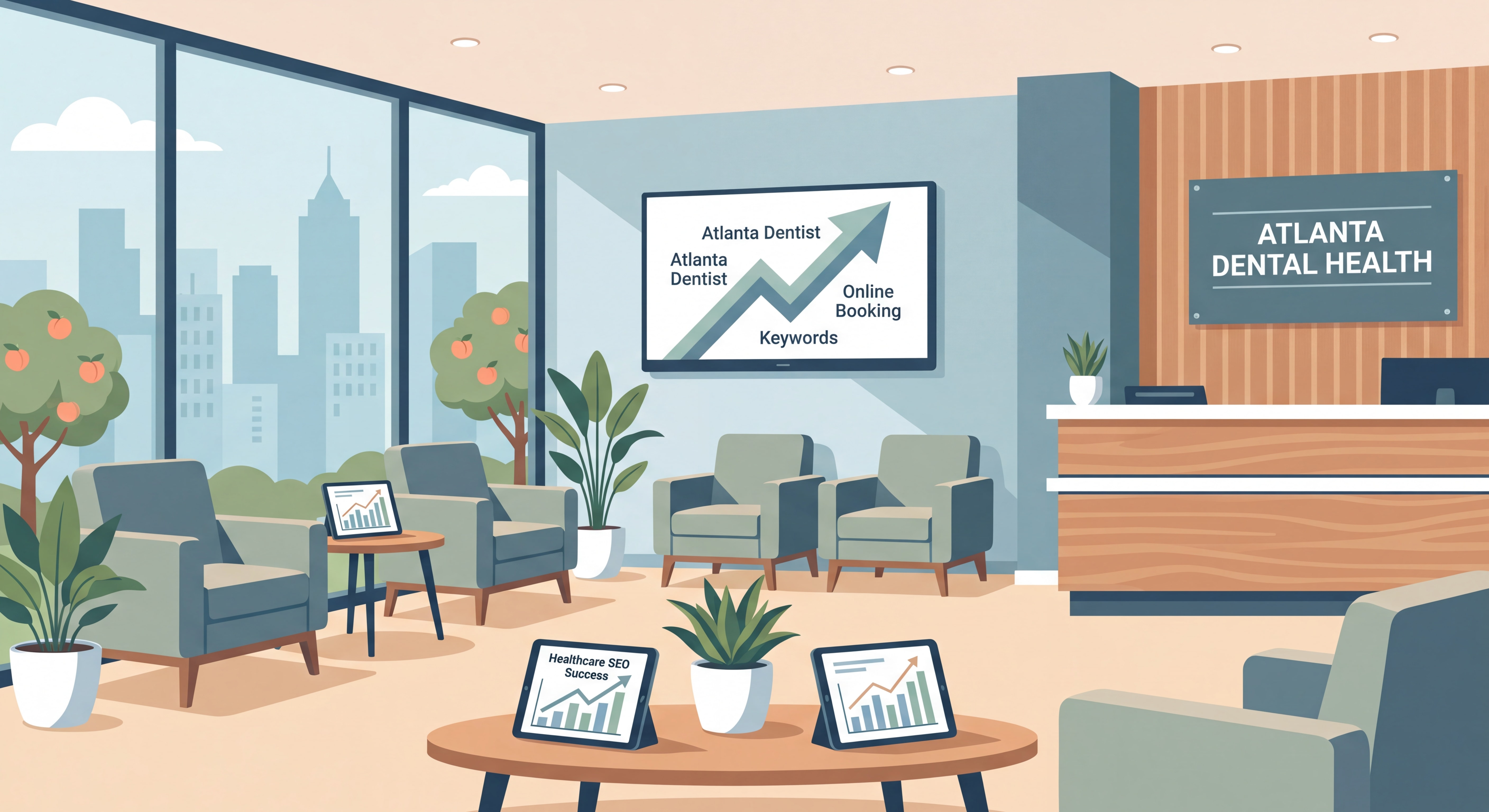 Dental practice waiting room in Atlanta with modern clean design representing healthcare SEO success