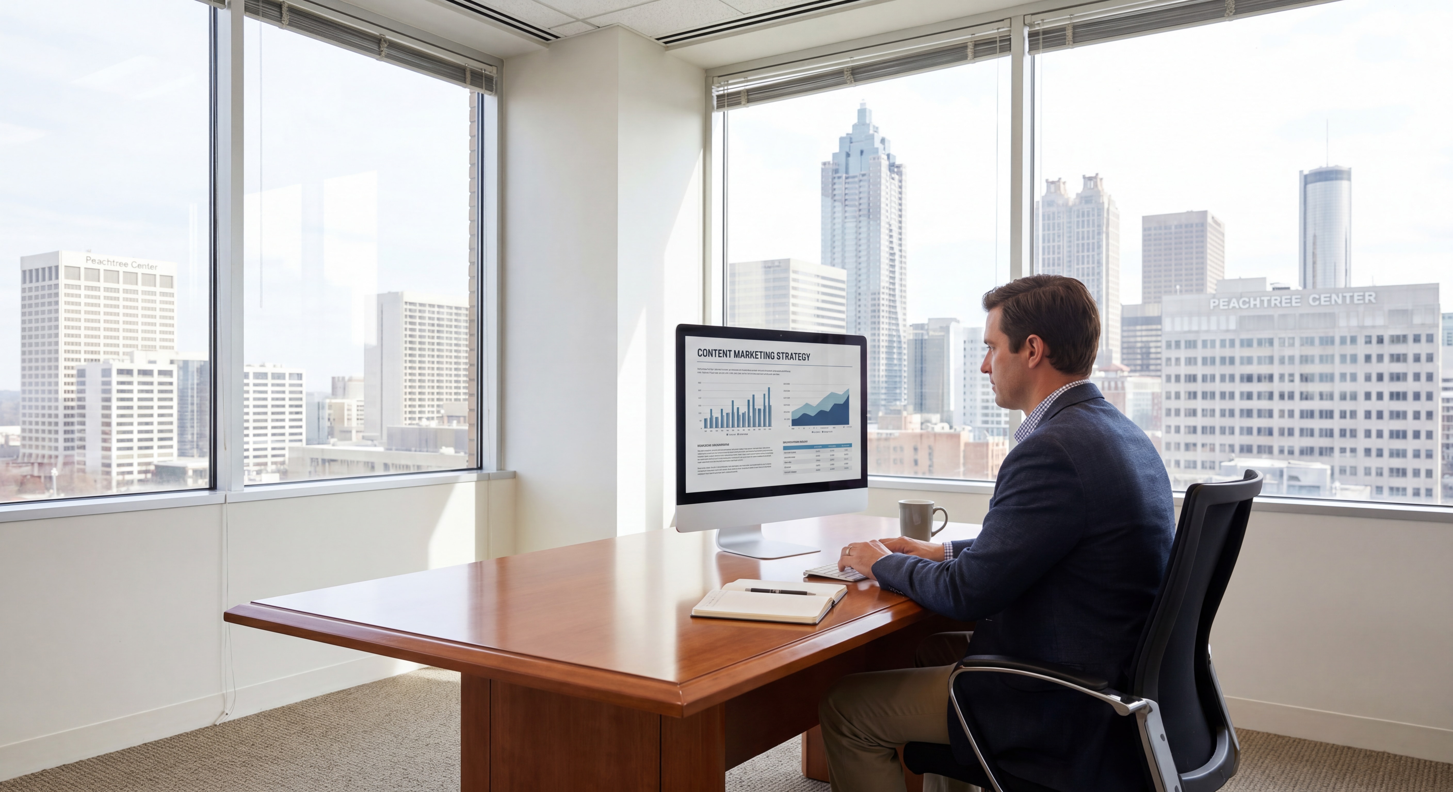 Atlanta law firm office with attorney reviewing content marketing strategy on desktop computer