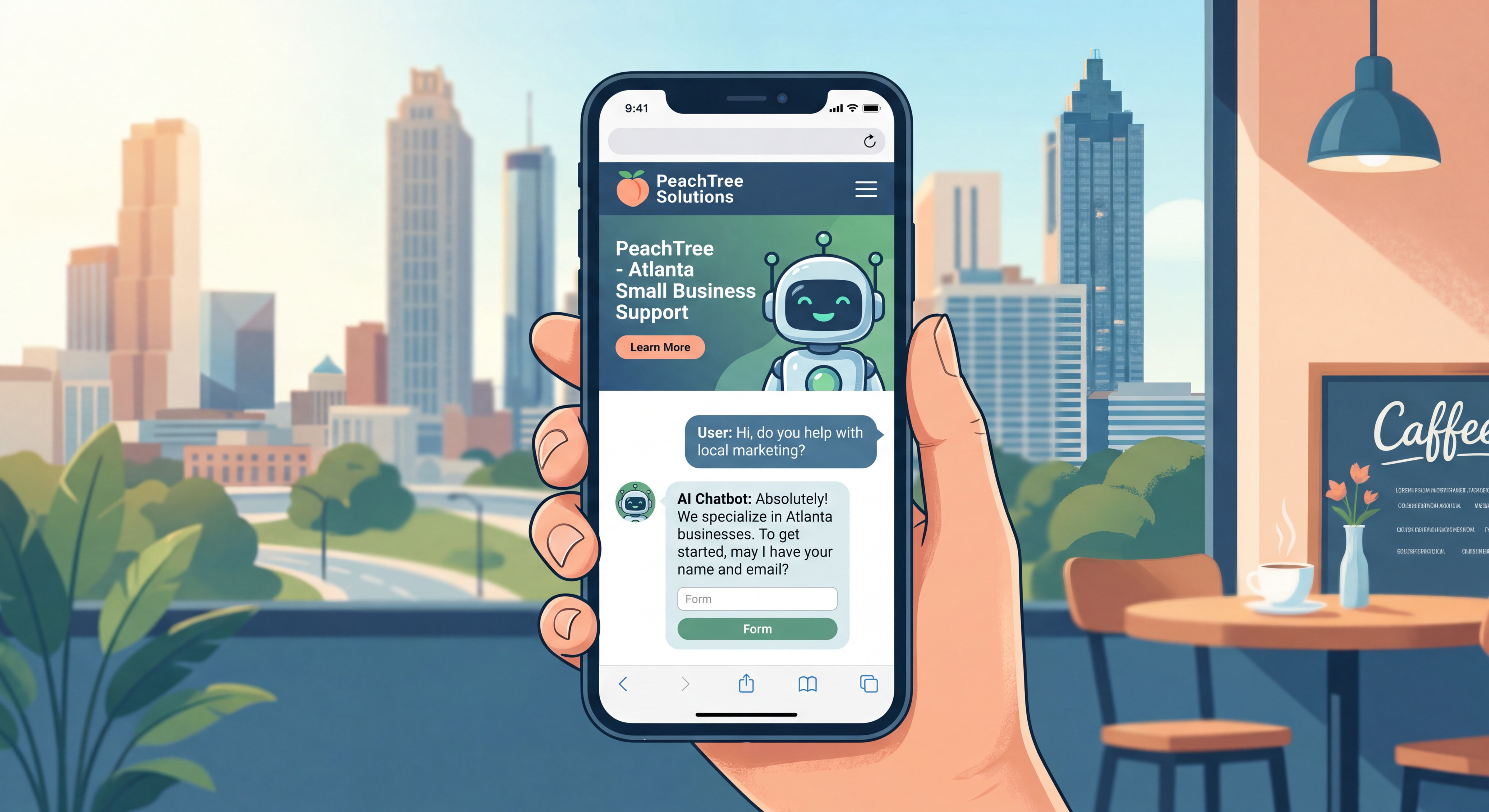 AI chatbot interface on Atlanta small business website showing lead capture conversation on mobile screen