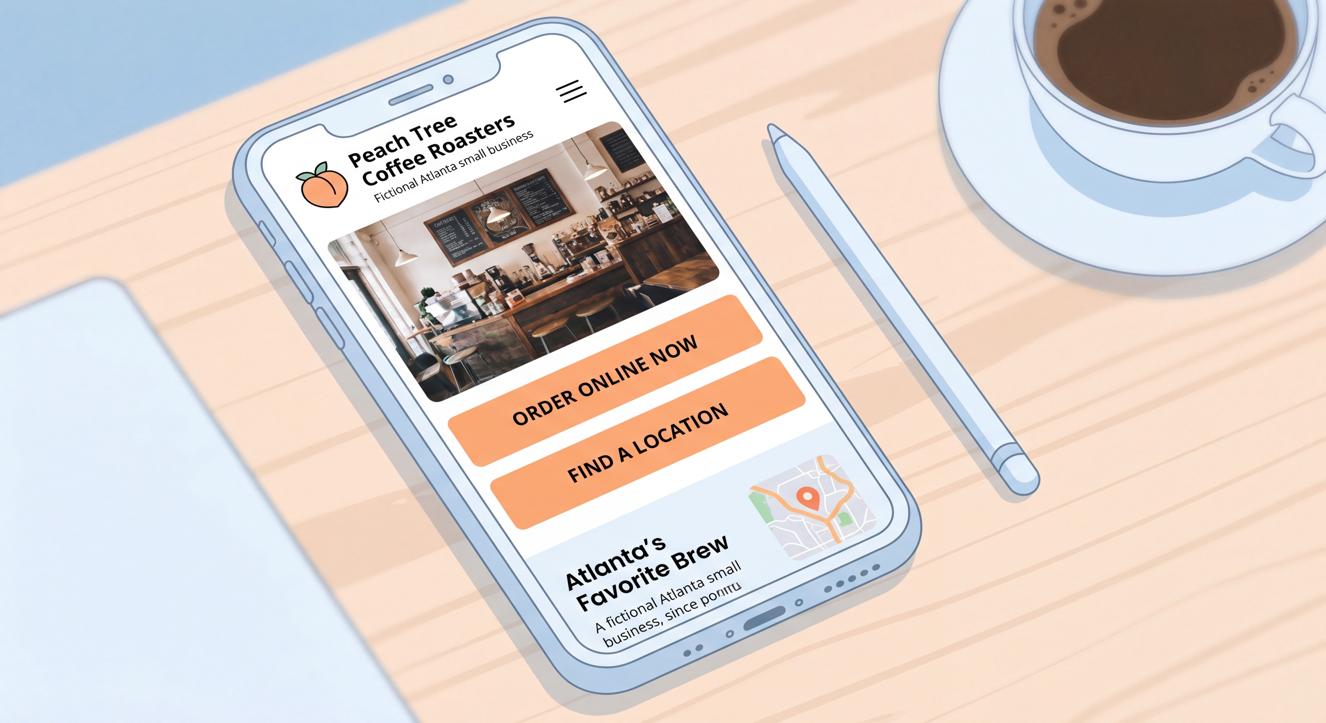 Clean mobile-first website design mockup for an Atlanta small business with clear call-to-action buttons and local branding