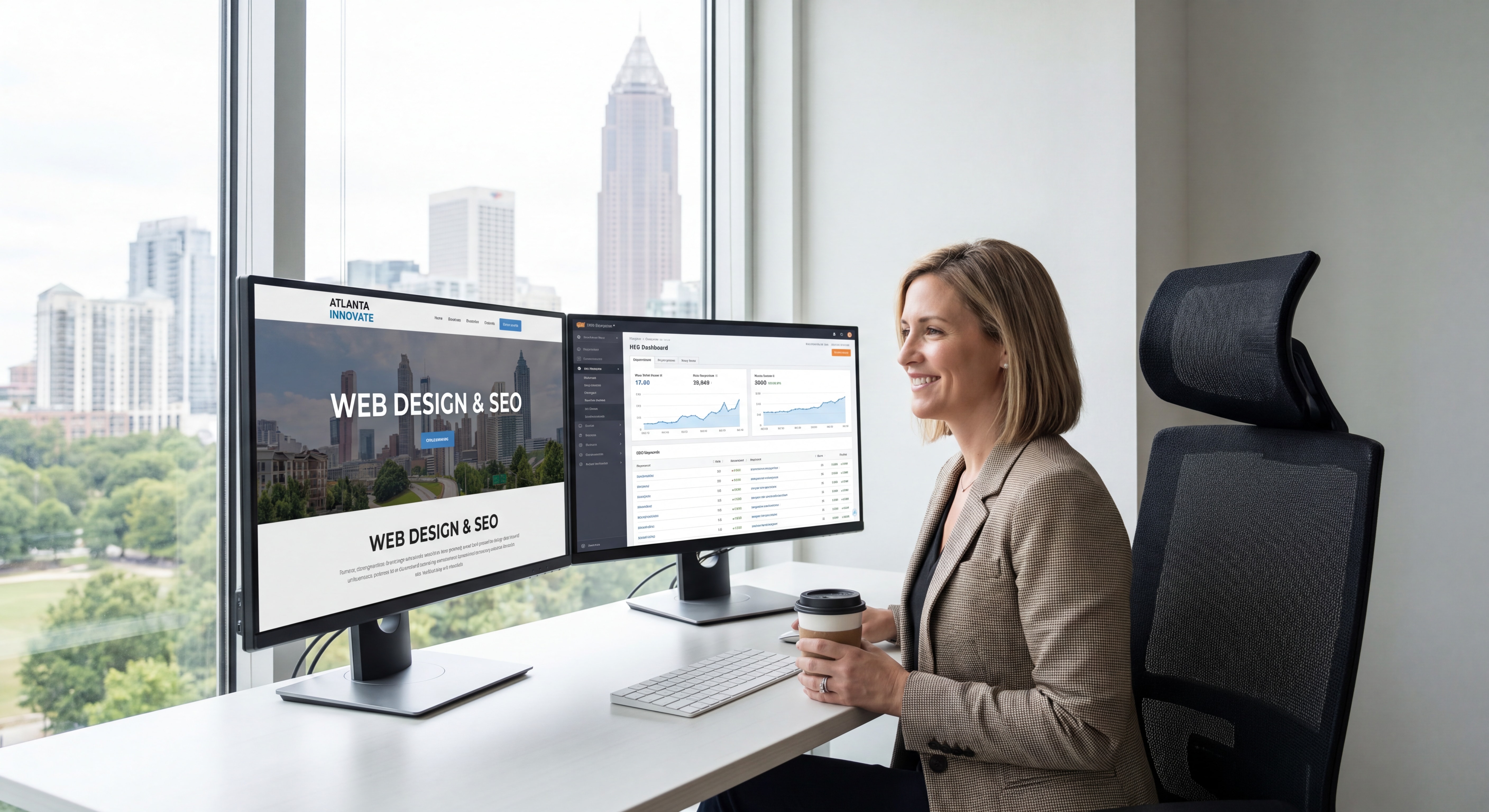 Atlanta business owner reviewing web design and SEO strategy on dual monitors in a modern Midtown Atlanta office
