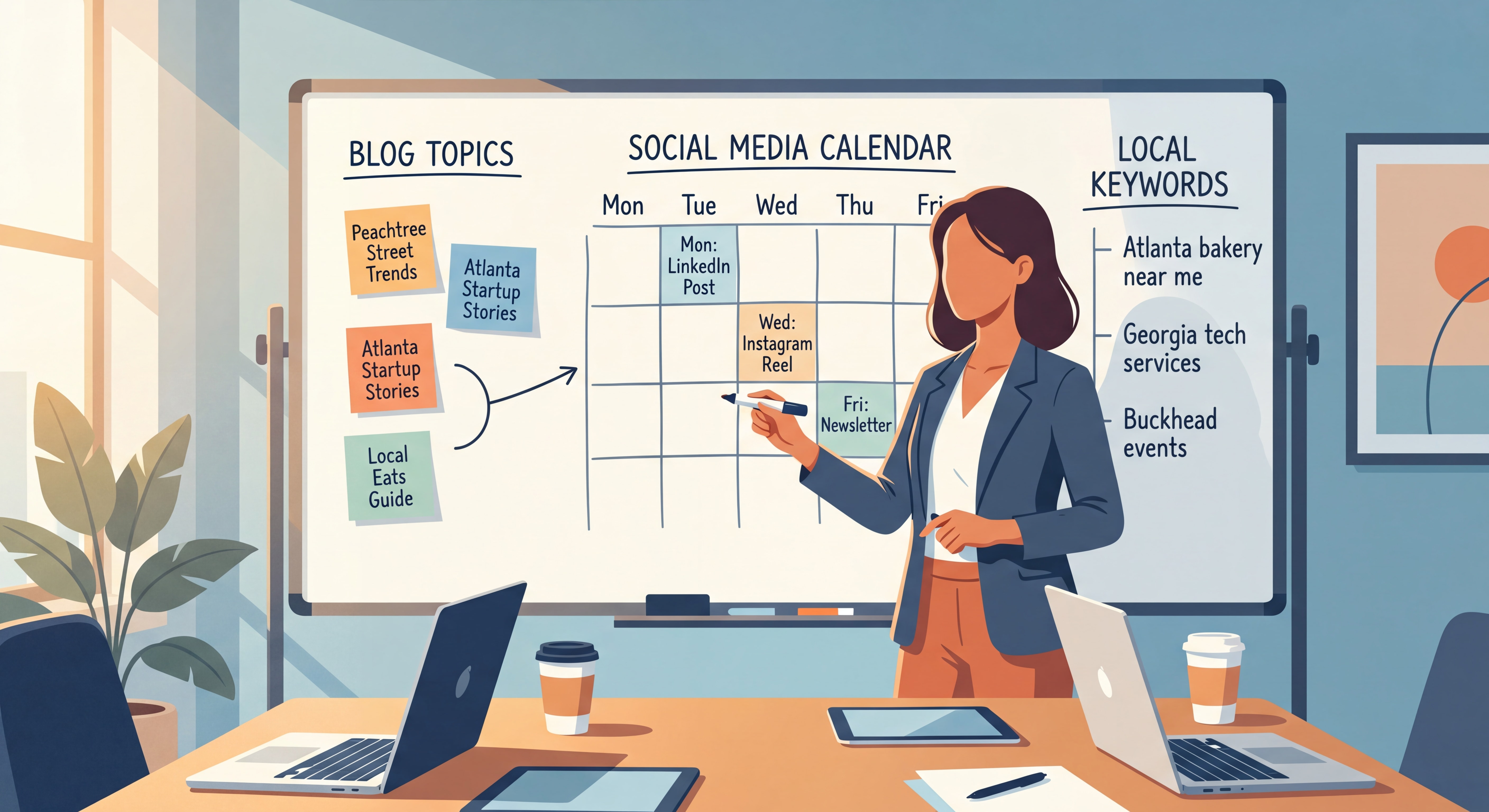 Atlanta business owner creating content marketing strategy on whiteboard with blog topics, social media calendar, and local keyword research