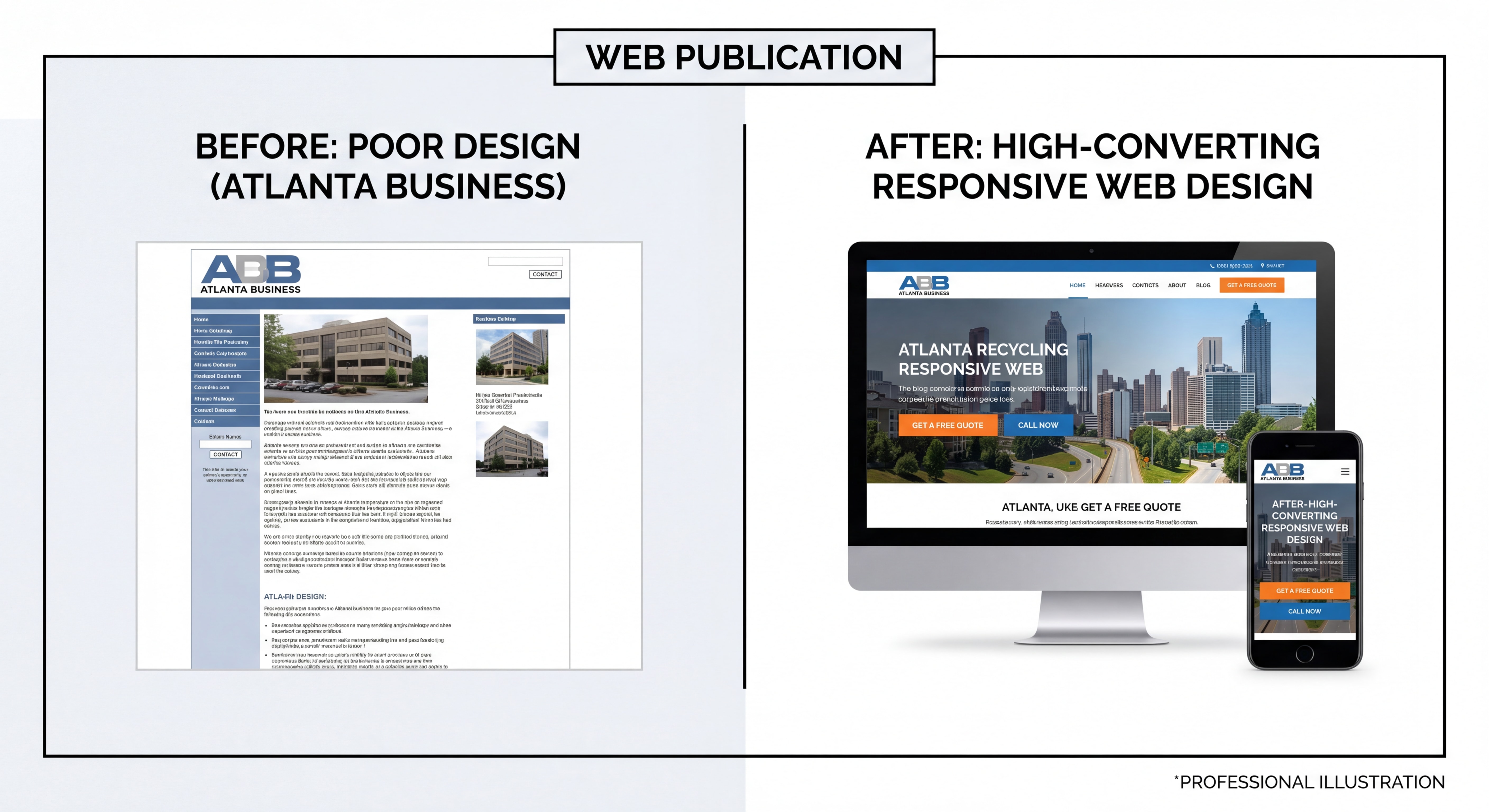 Split-screen comparison of a poorly designed Atlanta business website versus a high-converting responsive web design with clear CTAs