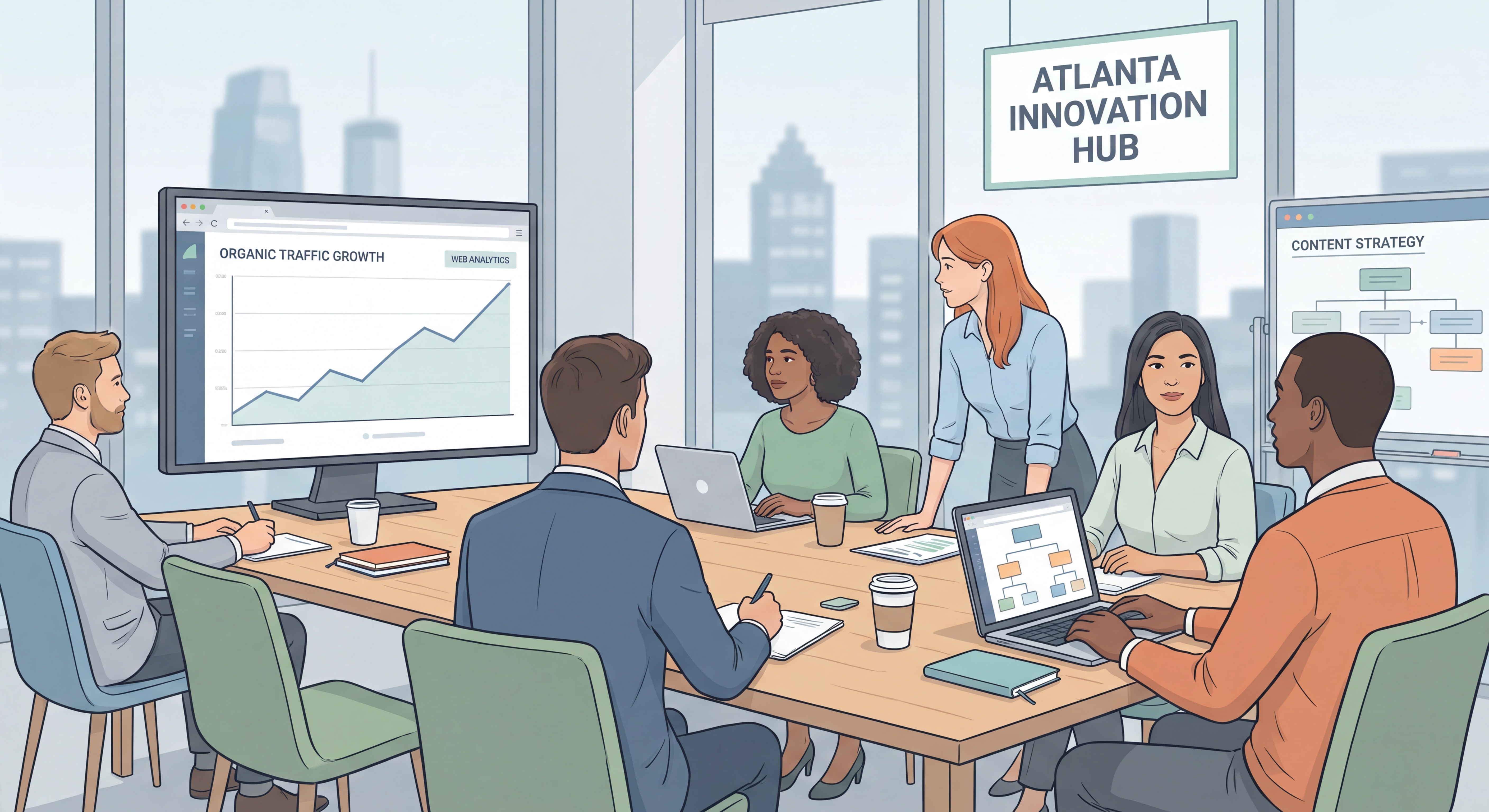 Content marketing strategy session in an Atlanta creative office with data analytics screens showing organic traffic growth