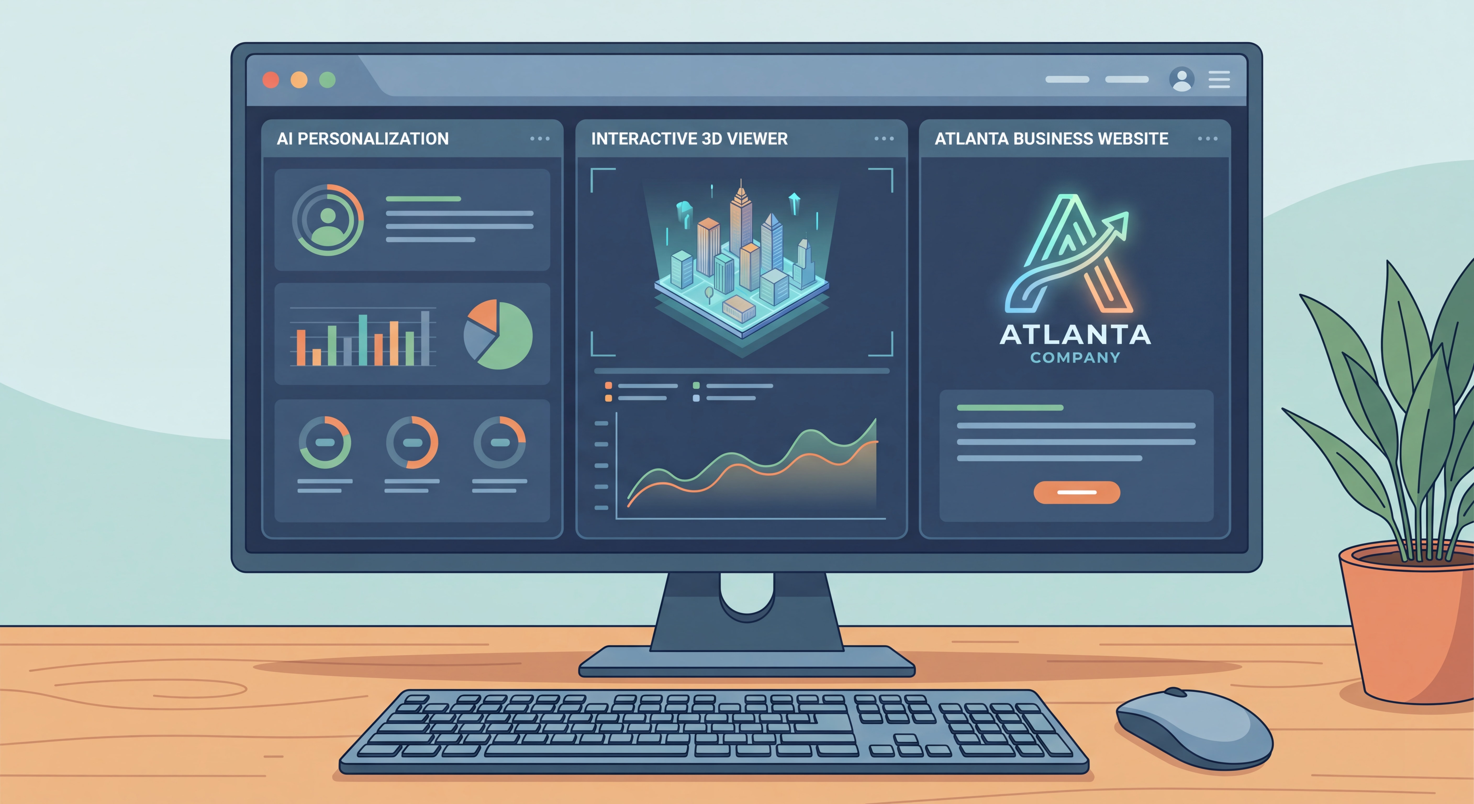 Modern web design dashboard showing AI-driven personalization and interactive 3D elements for an Atlanta business website
