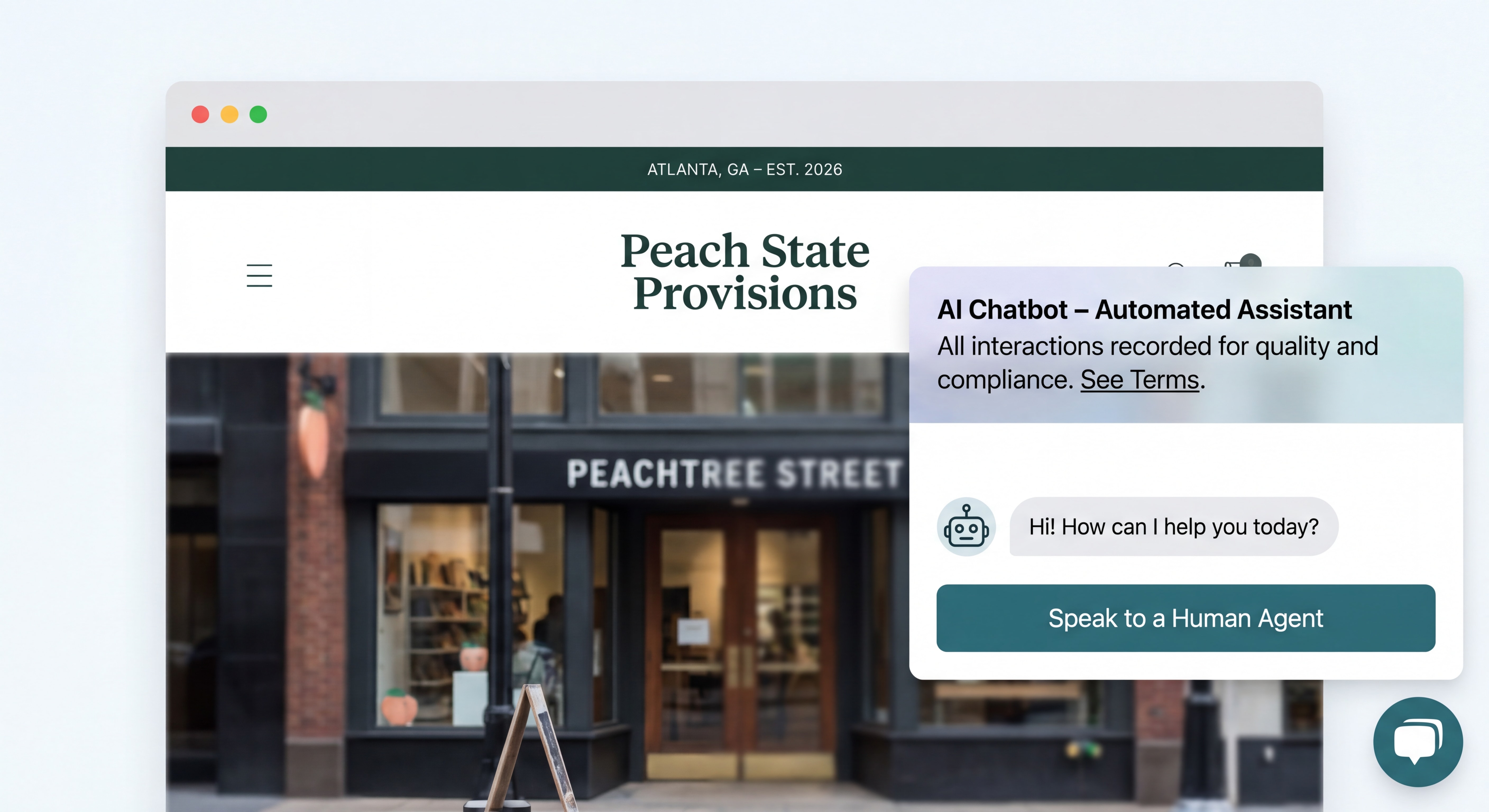 AI chatbot interface on a local Atlanta business website showing compliant disclosure banner and human escalation option — AI chatbot deployment 2026