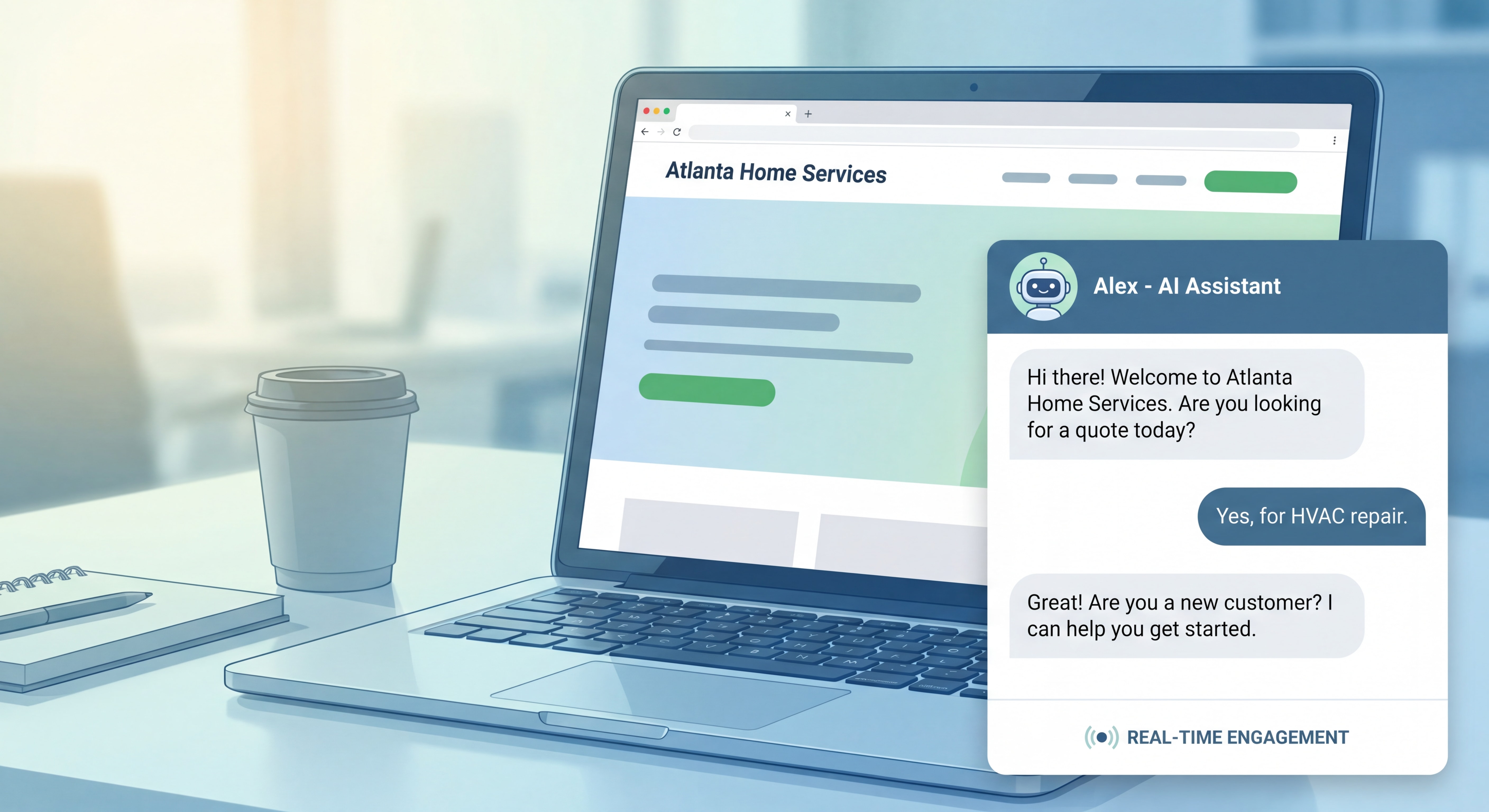 AI chatbot interface on an Atlanta small business website showing lead qualification conversation and real-time customer engagement