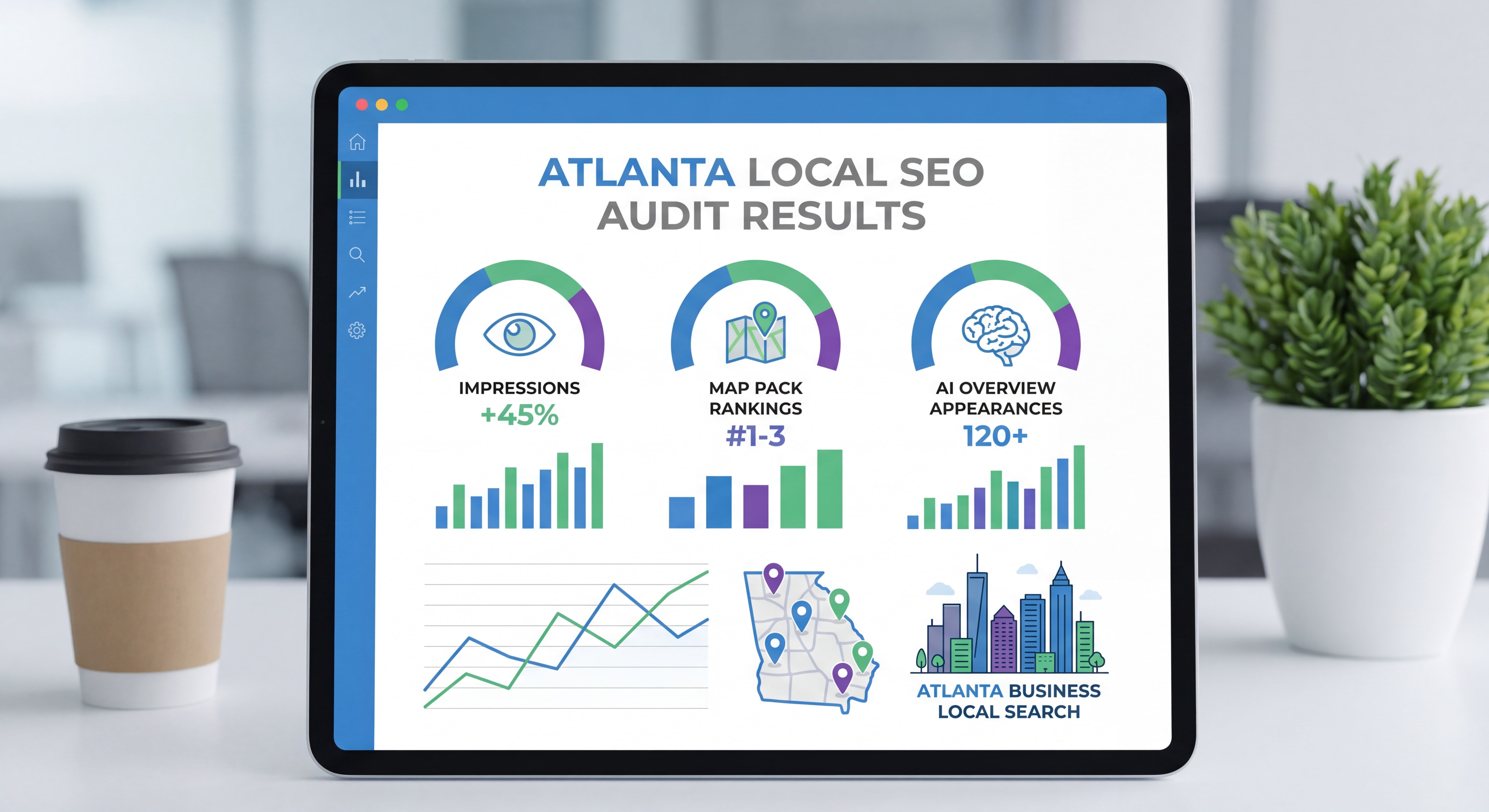 Data dashboard showing Atlanta local SEO statistics — impressions, map pack rankings, and AI Overview appearances for local Atlanta business — SEO audit Atlanta results