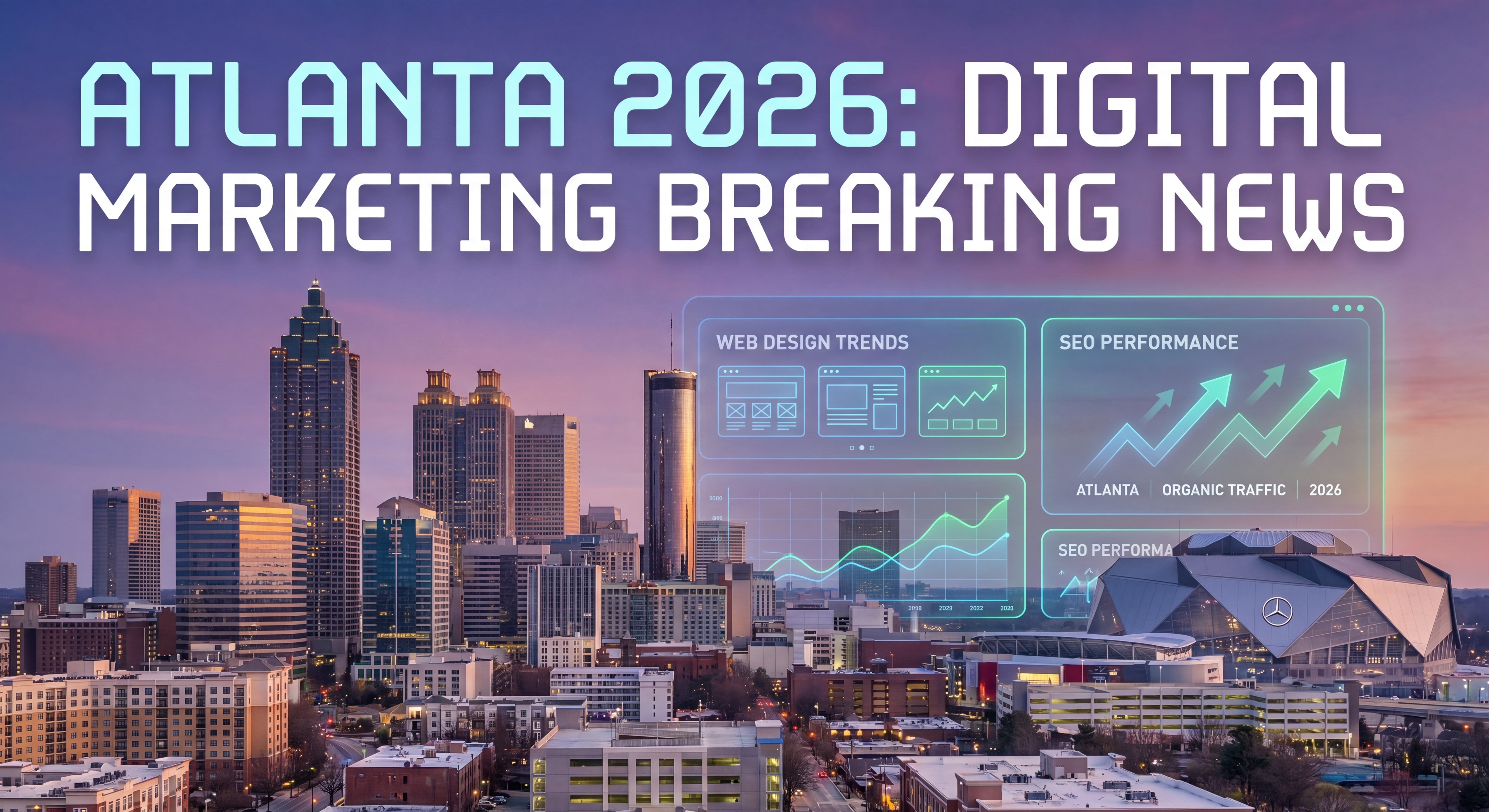 Atlanta skyline with digital marketing overlay showing web design and SEO data dashboards — web design Atlanta 2026 breaking news