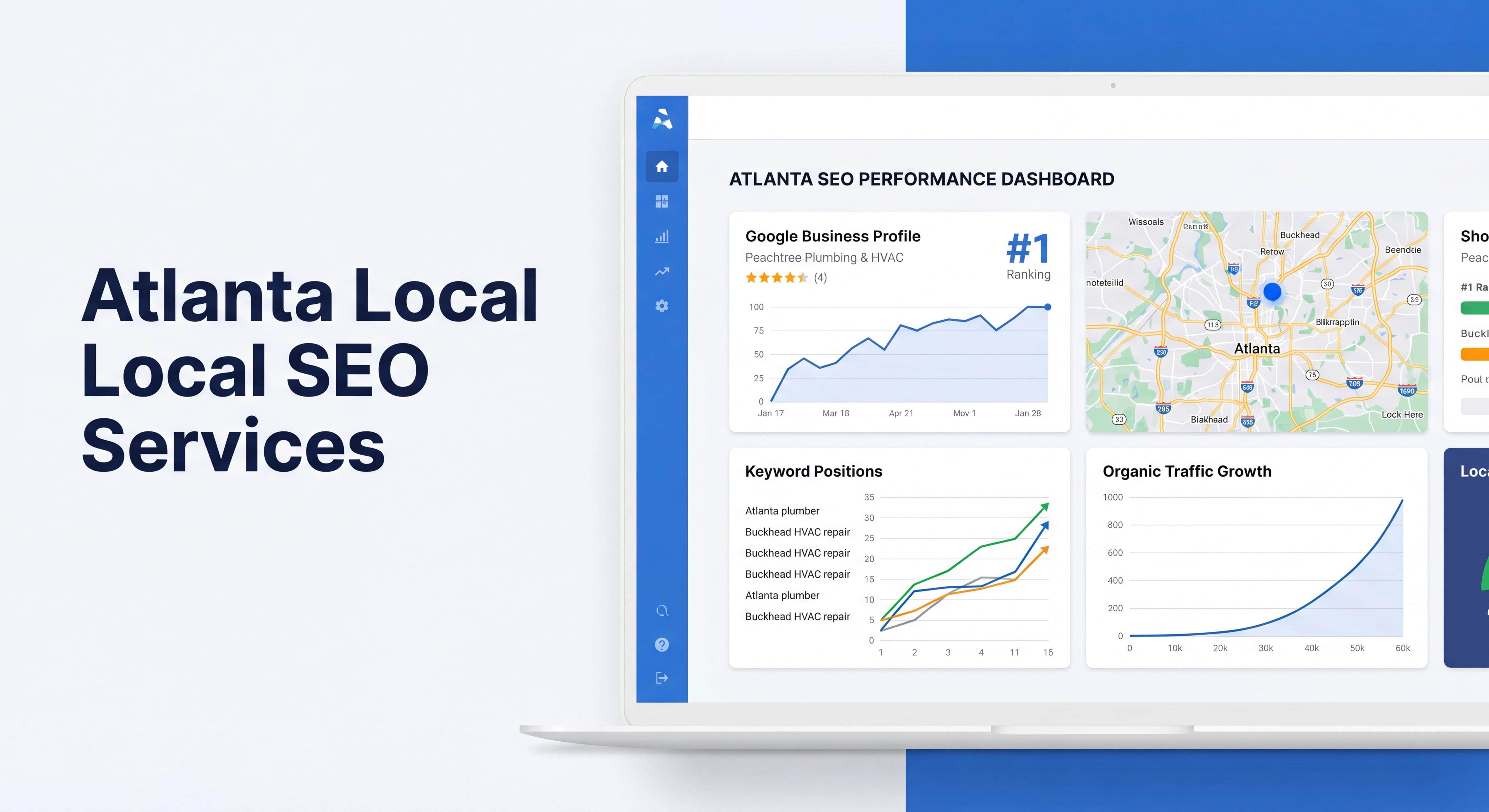 Atlanta SEO services dashboard showing Google Business Profile rankings, keyword positions, and organic traffic growth for a local business