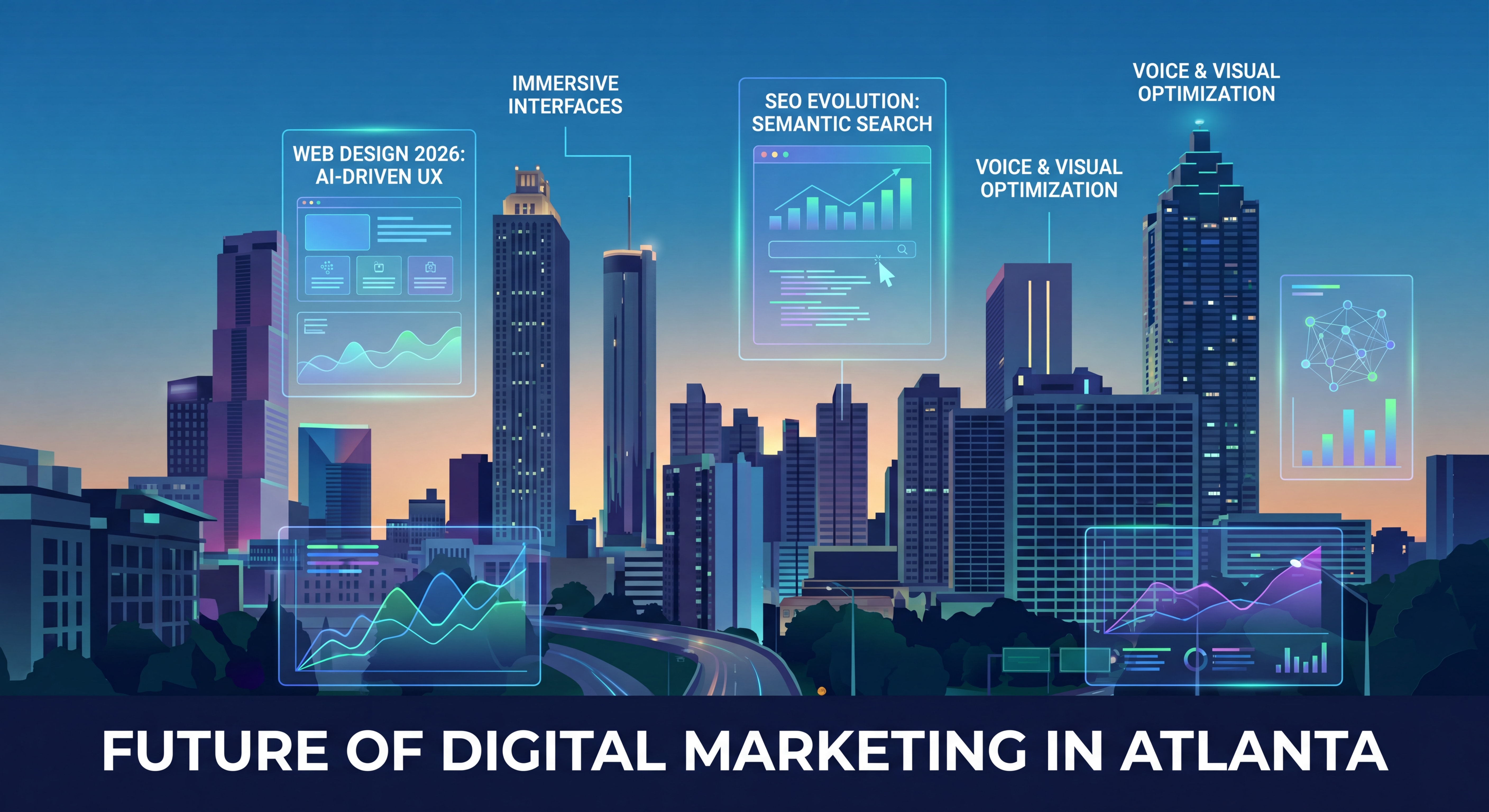 Atlanta skyline with digital marketing data overlays representing the future of web design and SEO in 2026