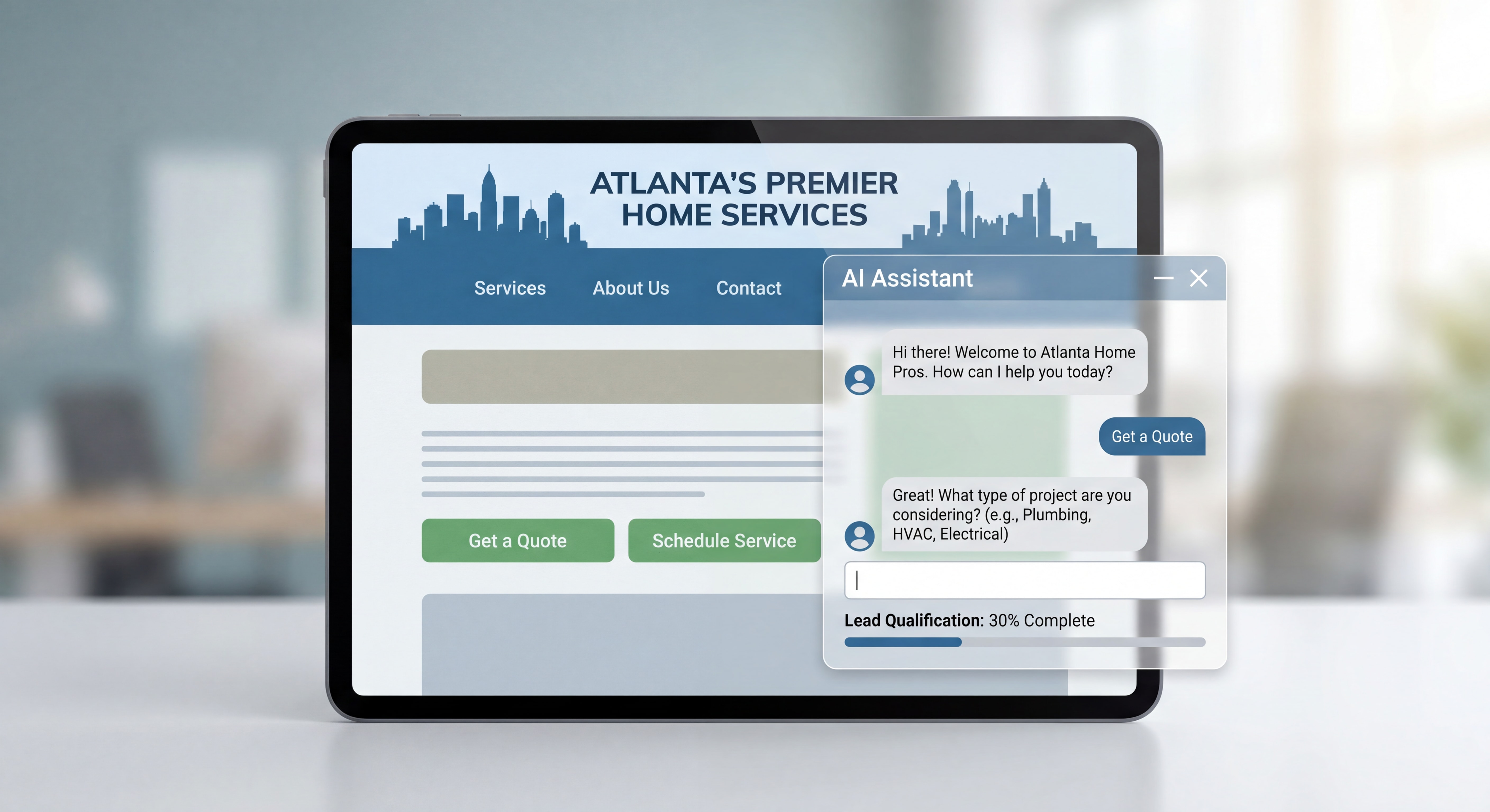 AI chatbot interface on a local Atlanta business website showing lead qualification and customer engagement flow