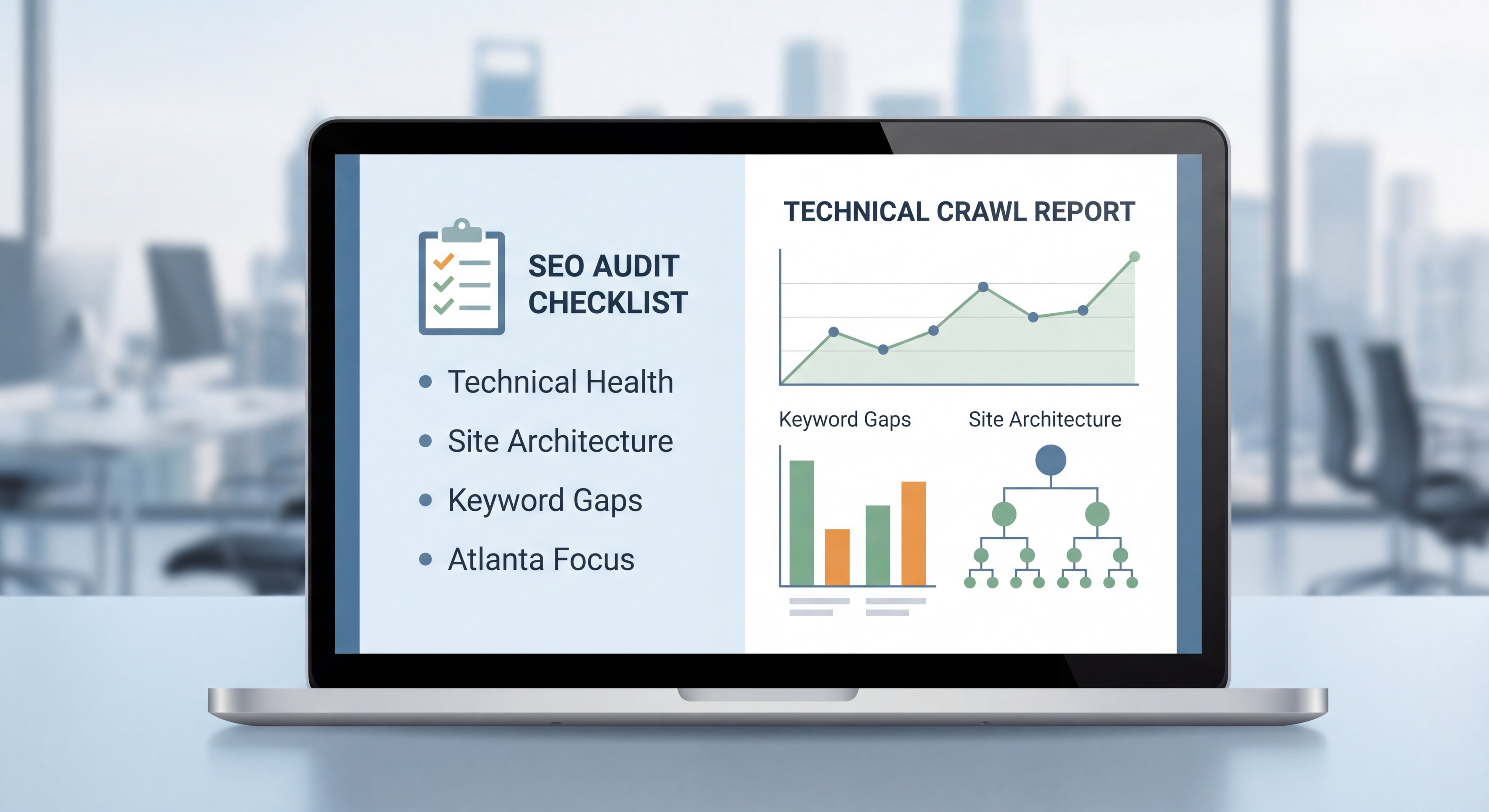 SEO audit checklist and technical crawl report showing keyword gaps and site architecture for Atlanta business