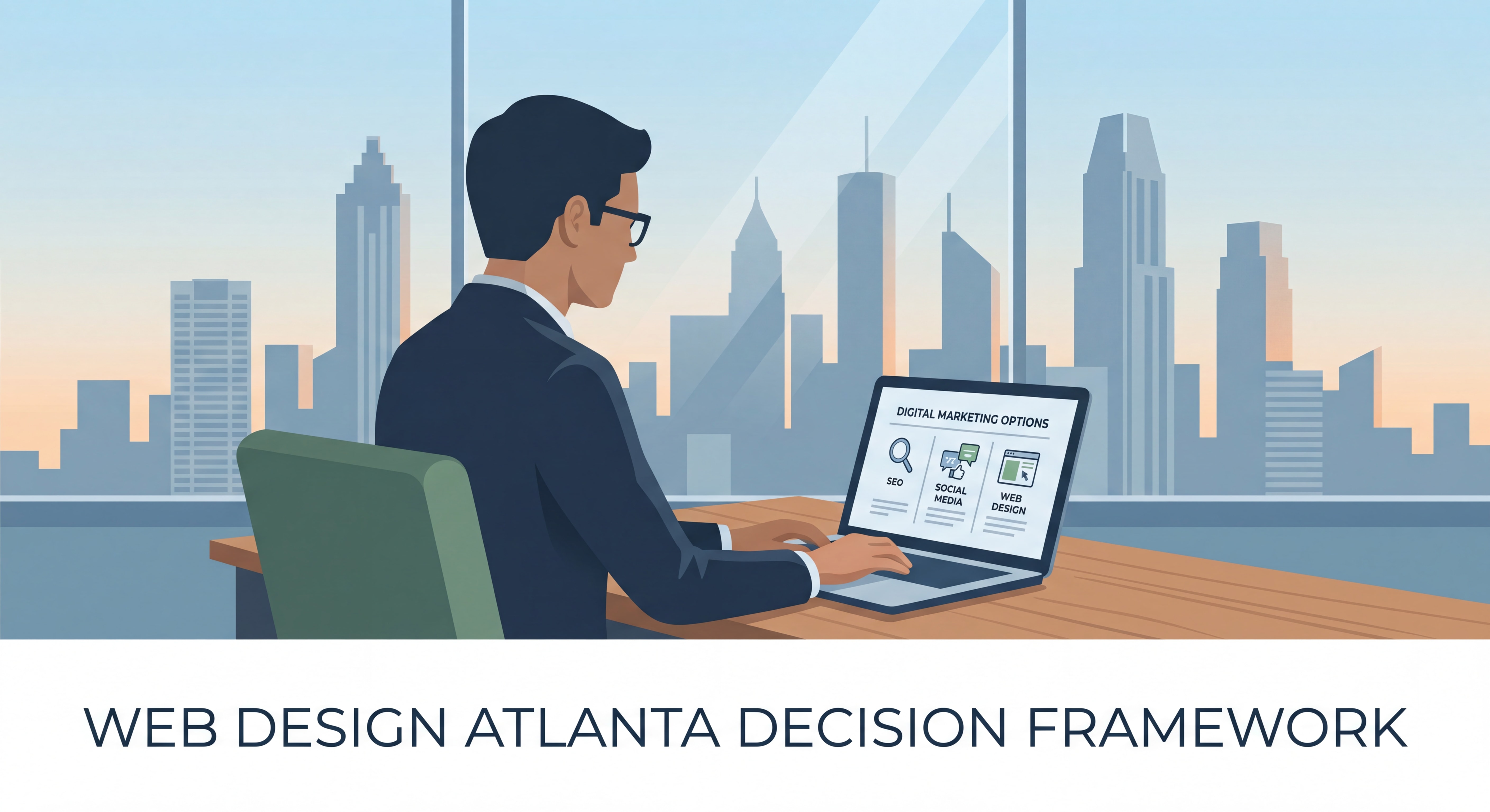 Atlanta business owner comparing digital marketing options on a laptop with the Buckhead skyline in the background — web design Atlanta decision framework