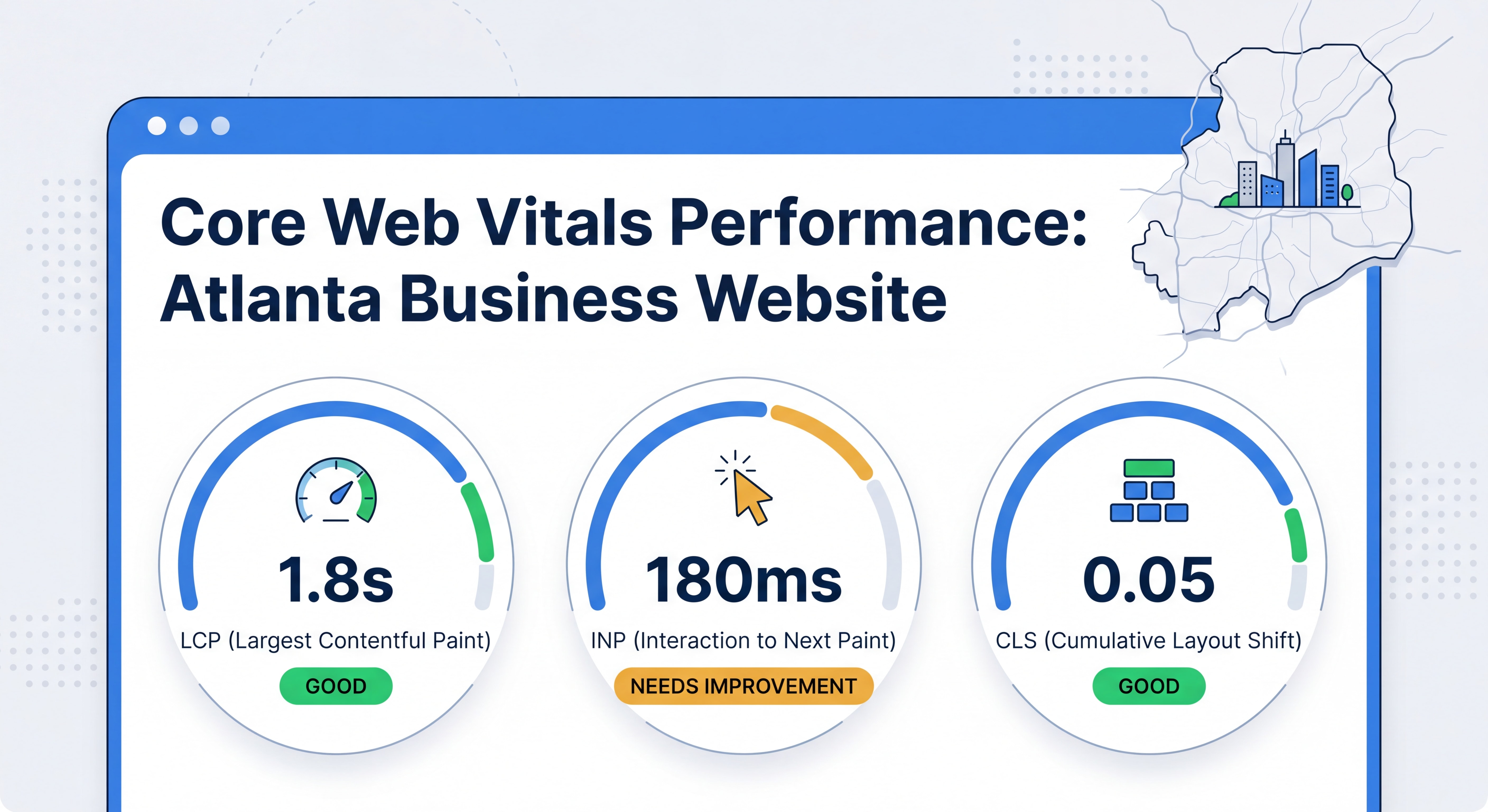 Core Web Vitals performance metrics dashboard showing LCP, INP, and CLS scores for an Atlanta business website