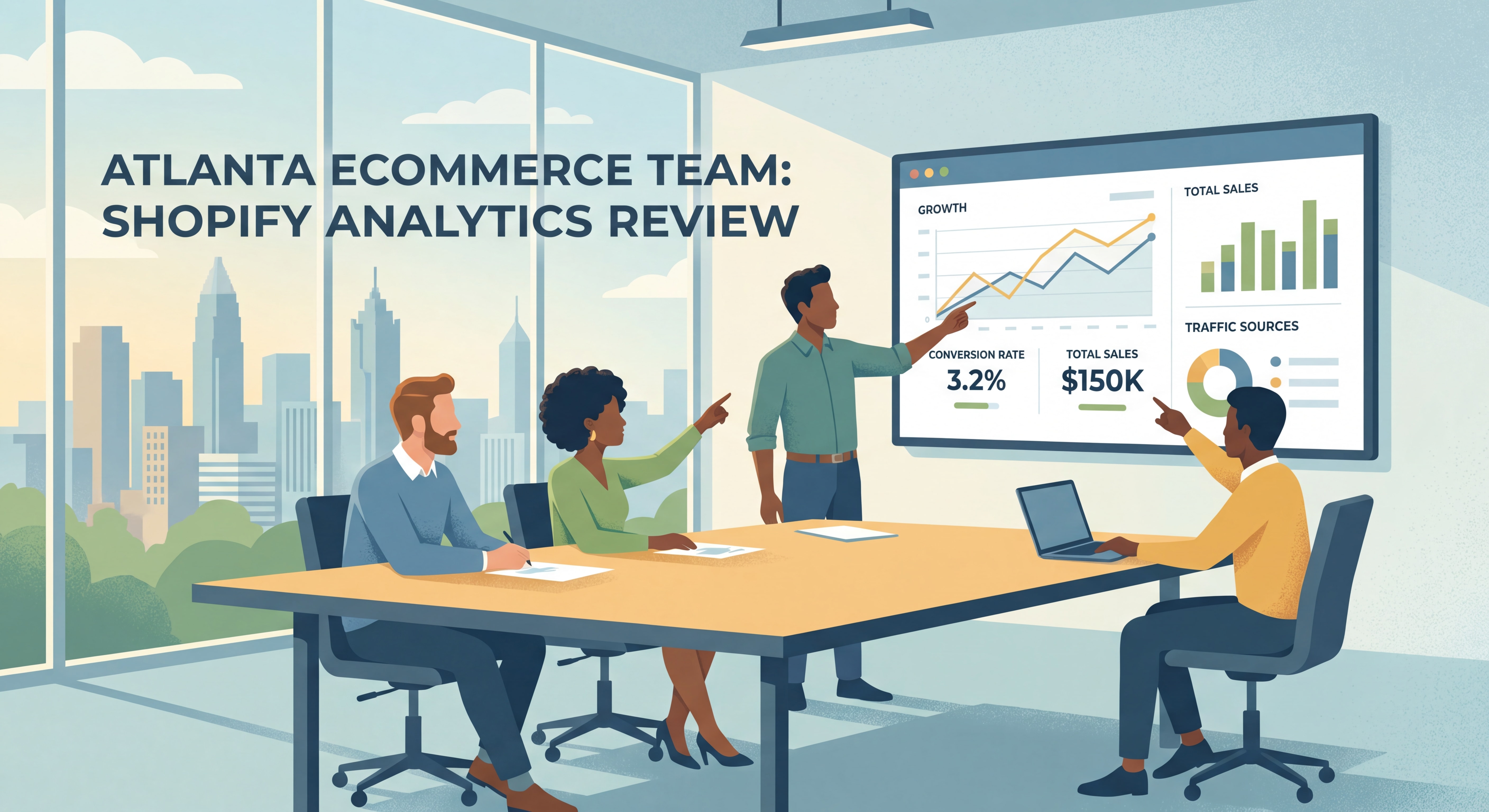 Atlanta ecommerce team reviewing post-launch shopify analytics dashboard with growth charts and conversion metrics