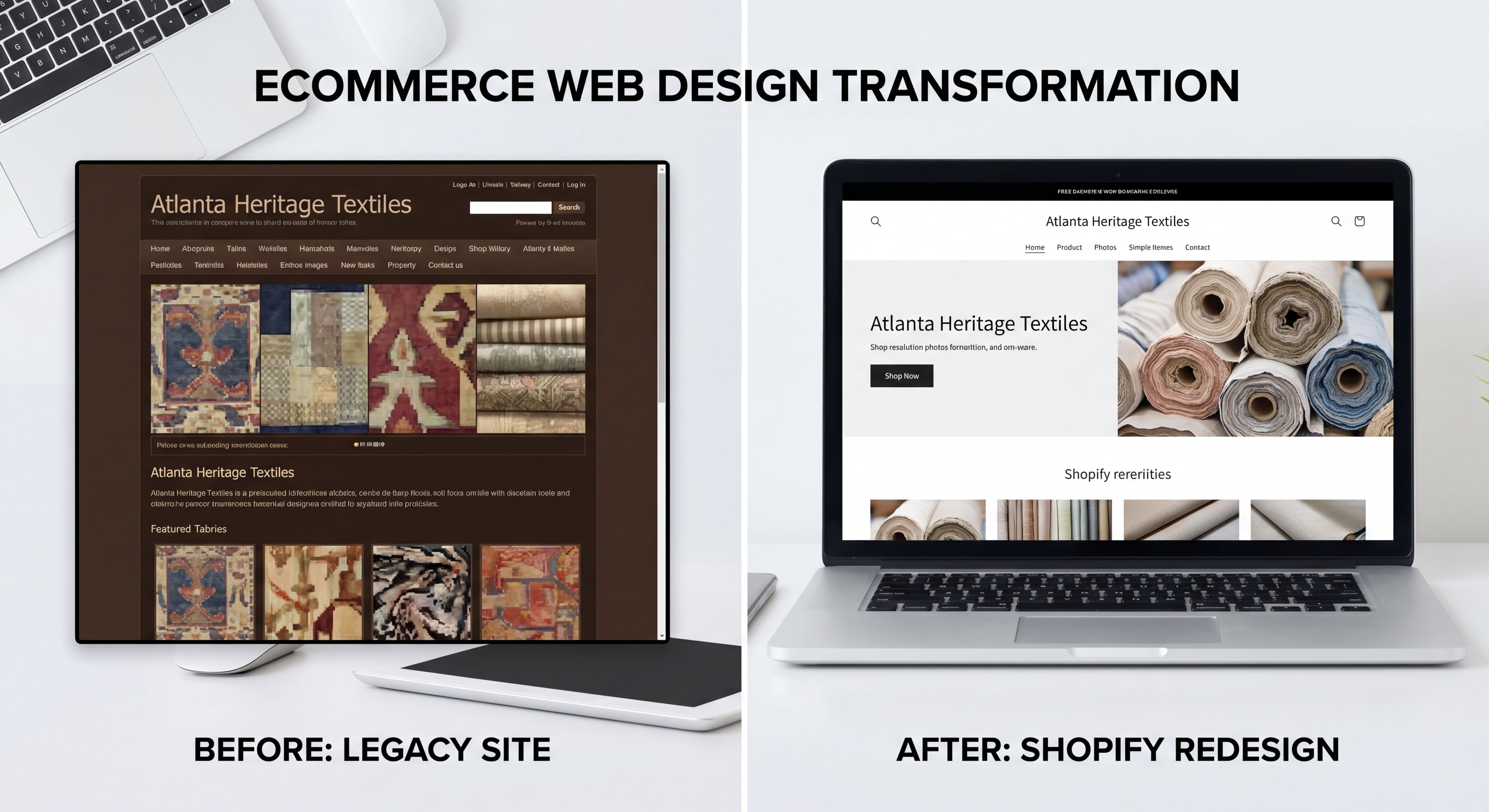Before and after ecommerce web design transformation showing a legacy Atlanta textile business Shopify store redesign