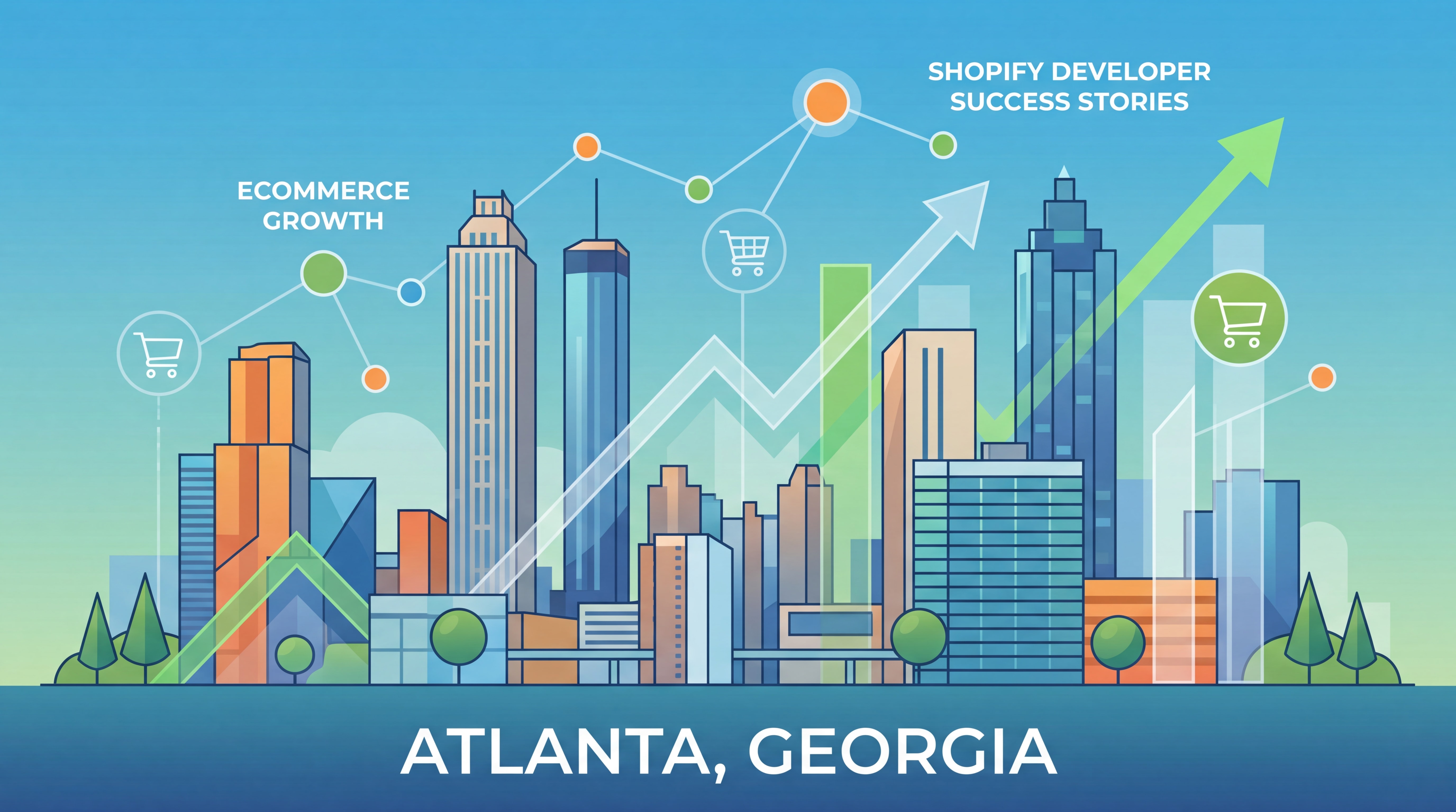 Atlanta skyline with ecommerce and digital growth overlay representing Shopify developer success stories in Atlanta Georgia
