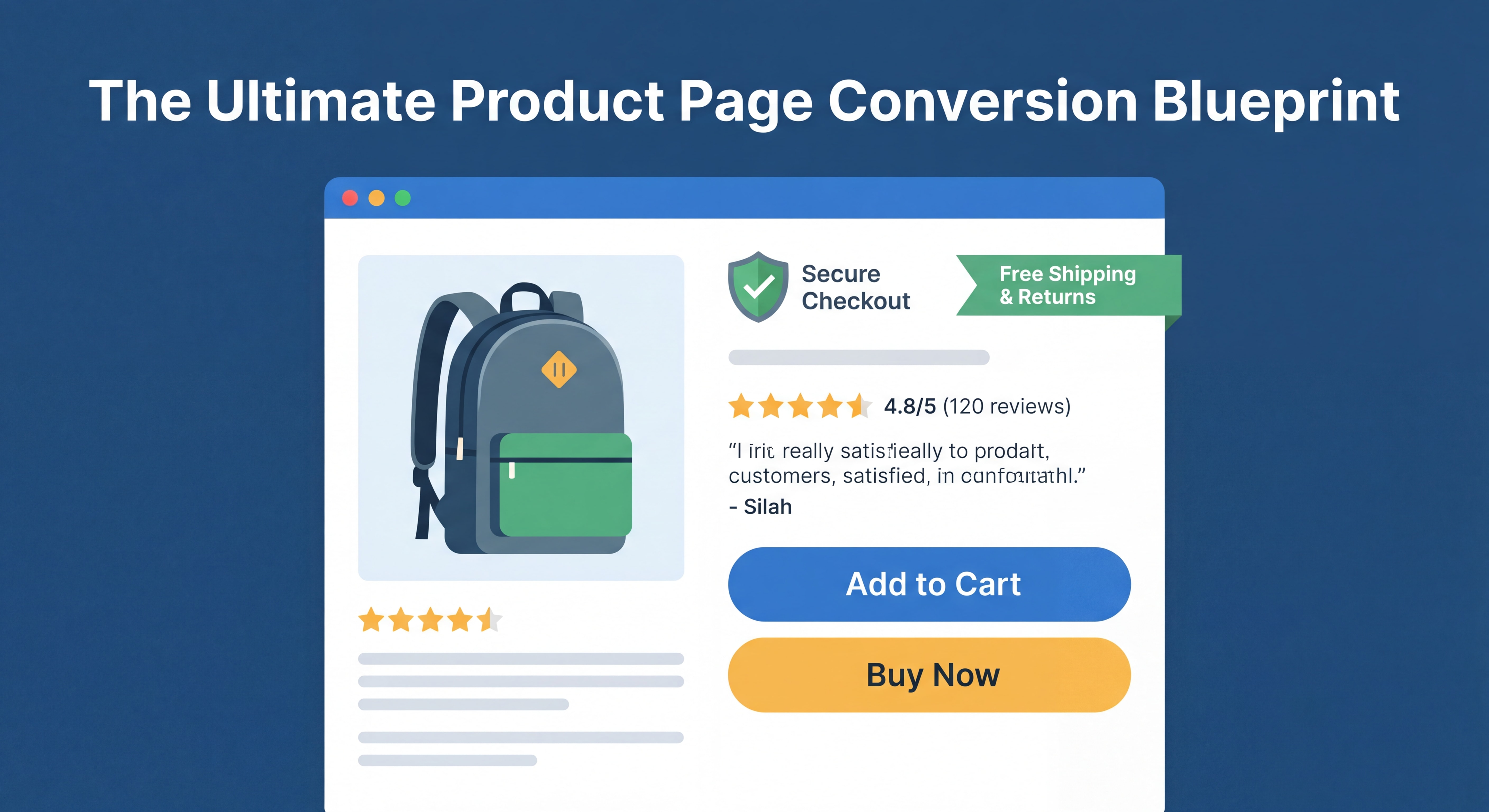Ecommerce web design conversion optimization layout showing product page with trust badges, reviews, and CTA buttons