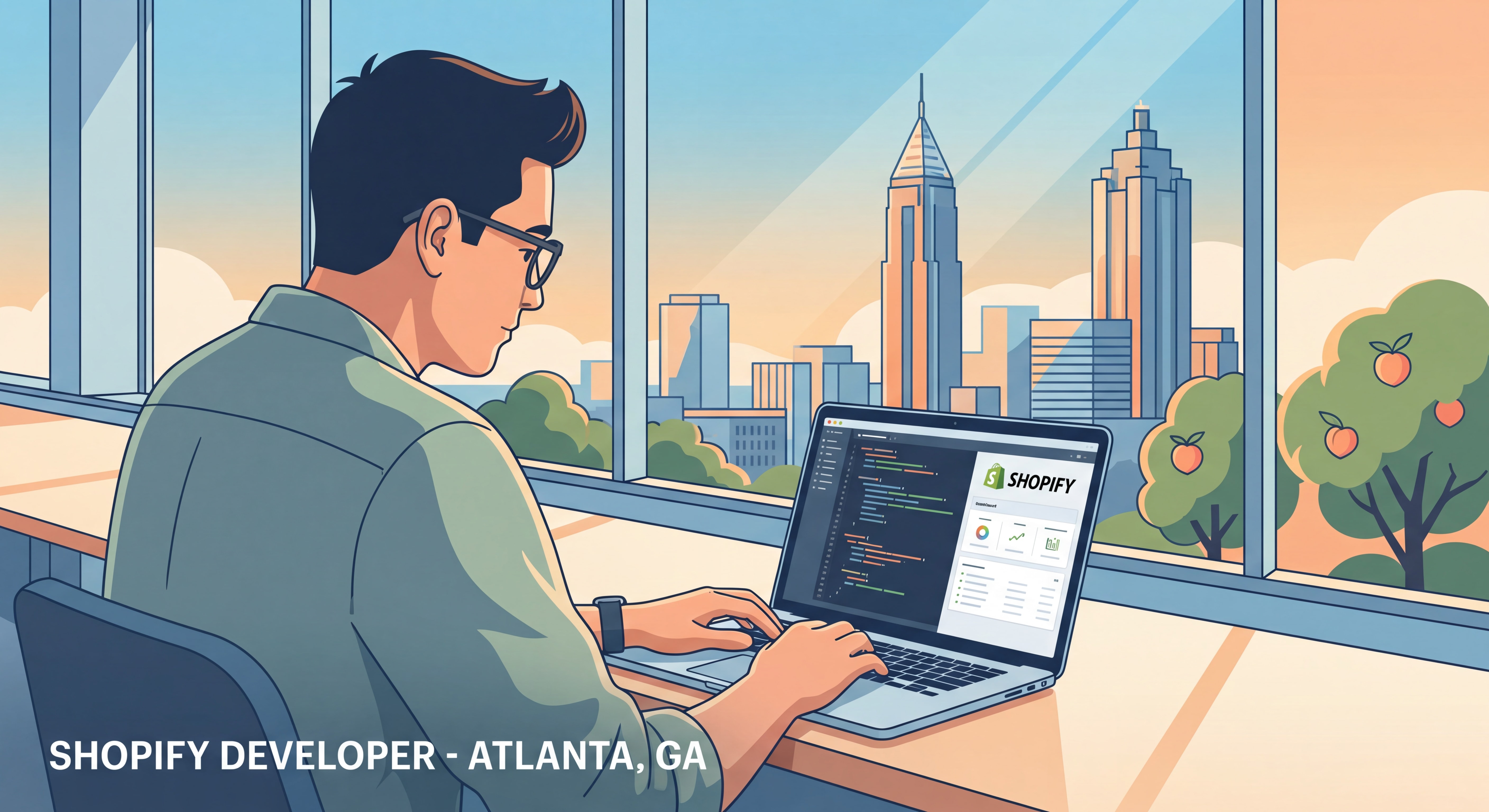 Shopify developer in Atlanta working on ecommerce web design on a laptop with Georgia skyline in background