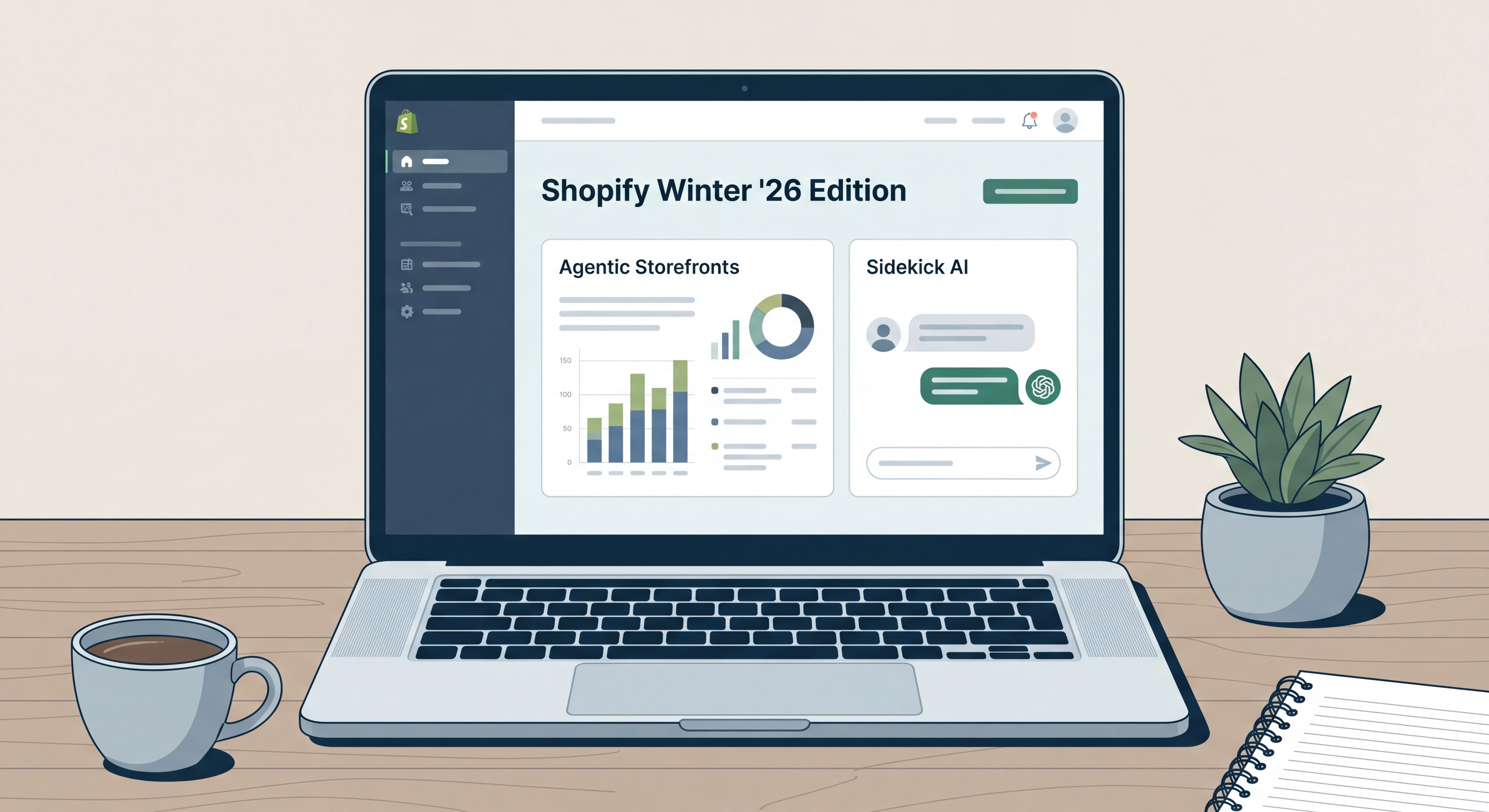 Shopify Winter 2026 Edition dashboard showing Agentic Storefronts and Sidekick AI interface on a laptop screen