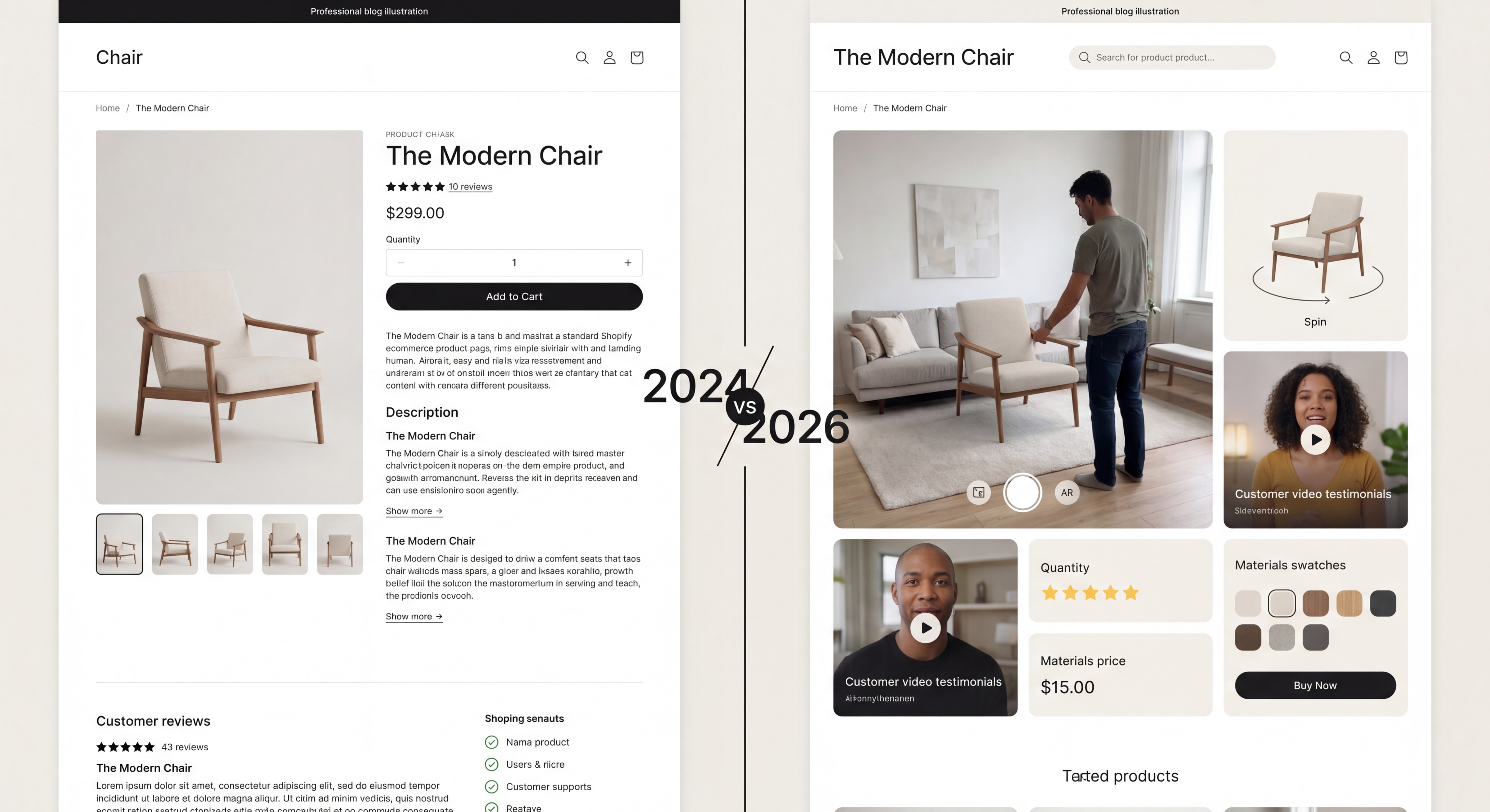 Split-screen comparison of a 2024 standard Shopify ecommerce product page versus a 2026 Bento Grid layout with AR product viewer