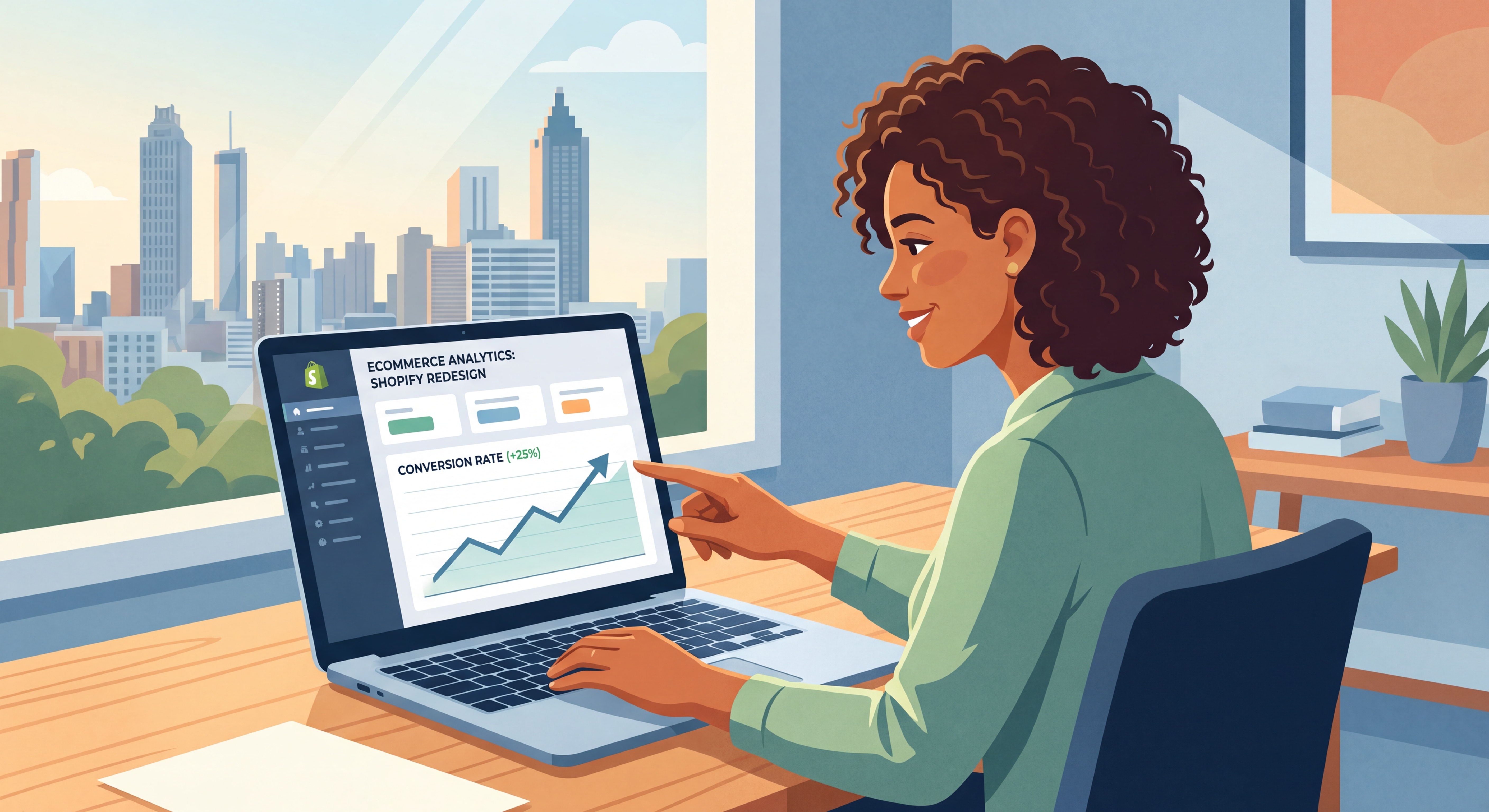 Atlanta small business owner reviewing ecommerce website analytics dashboard showing improved conversion rates after Shopify redesign
