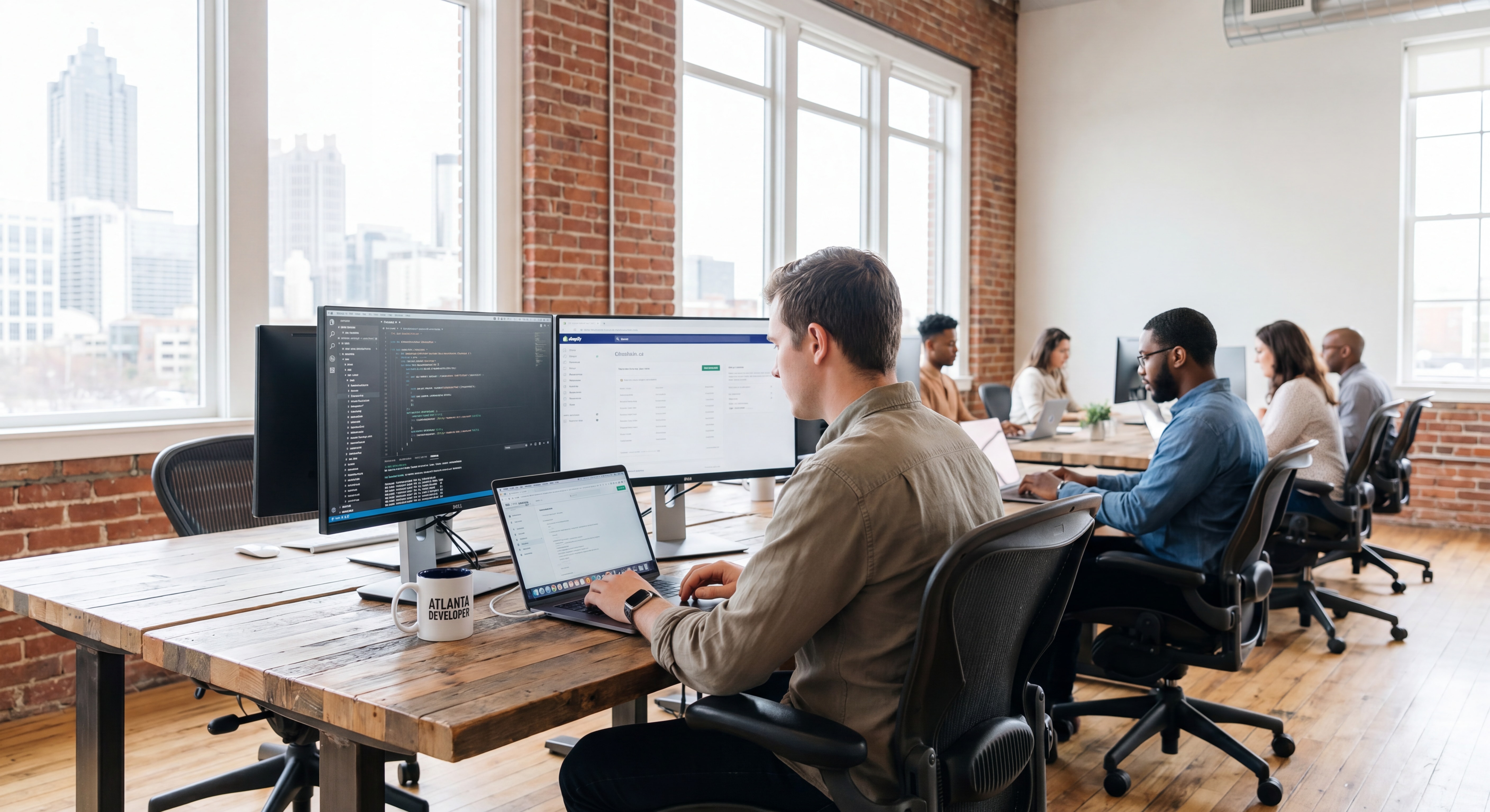 Shopify developer Atlanta working on ecommerce web design on dual monitors in a modern Atlanta co-working space