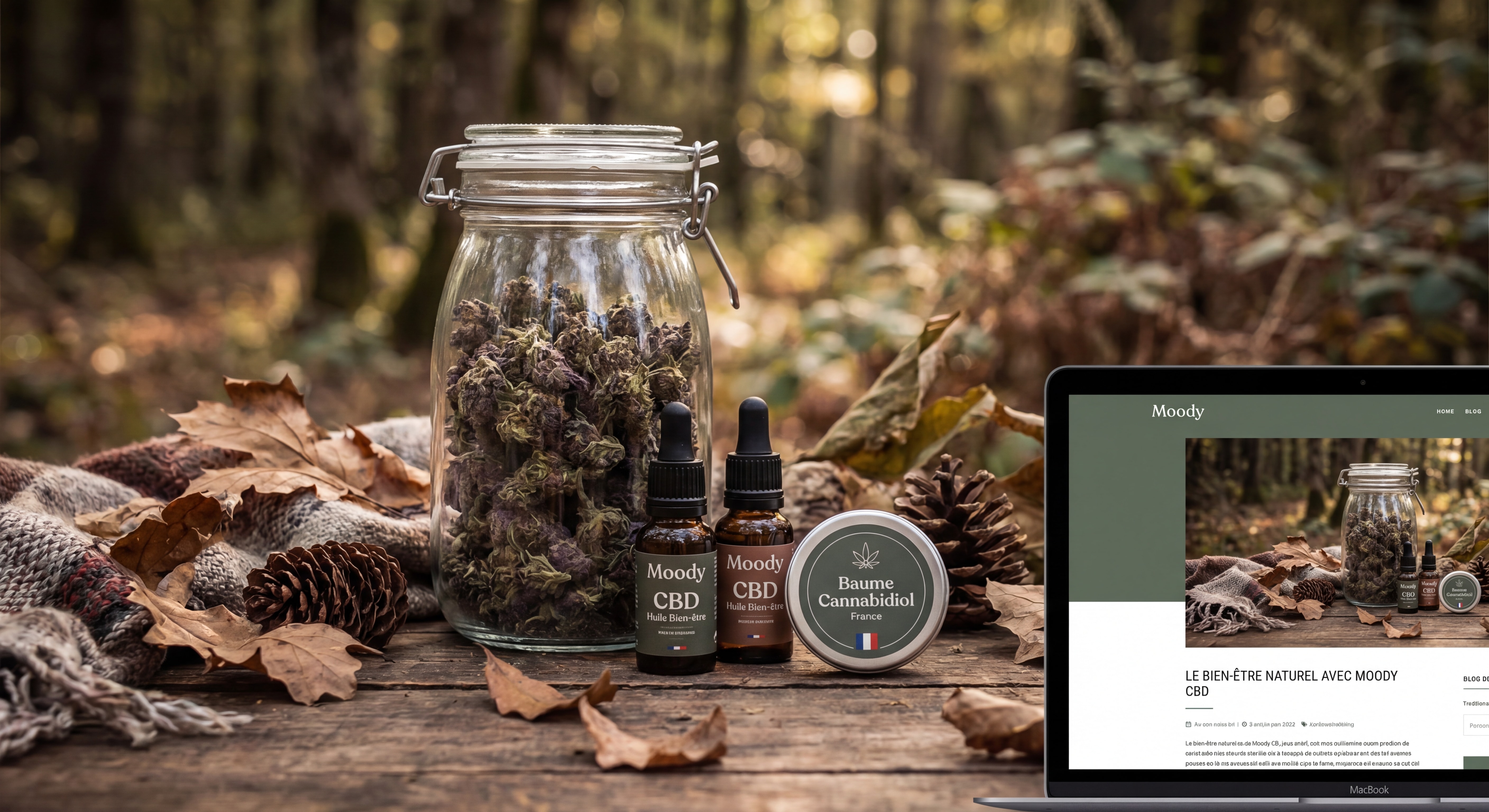Fleurs de CBD de haute qualité Moody CBD sur fond naturel, produits bien-être cannabidiol France
