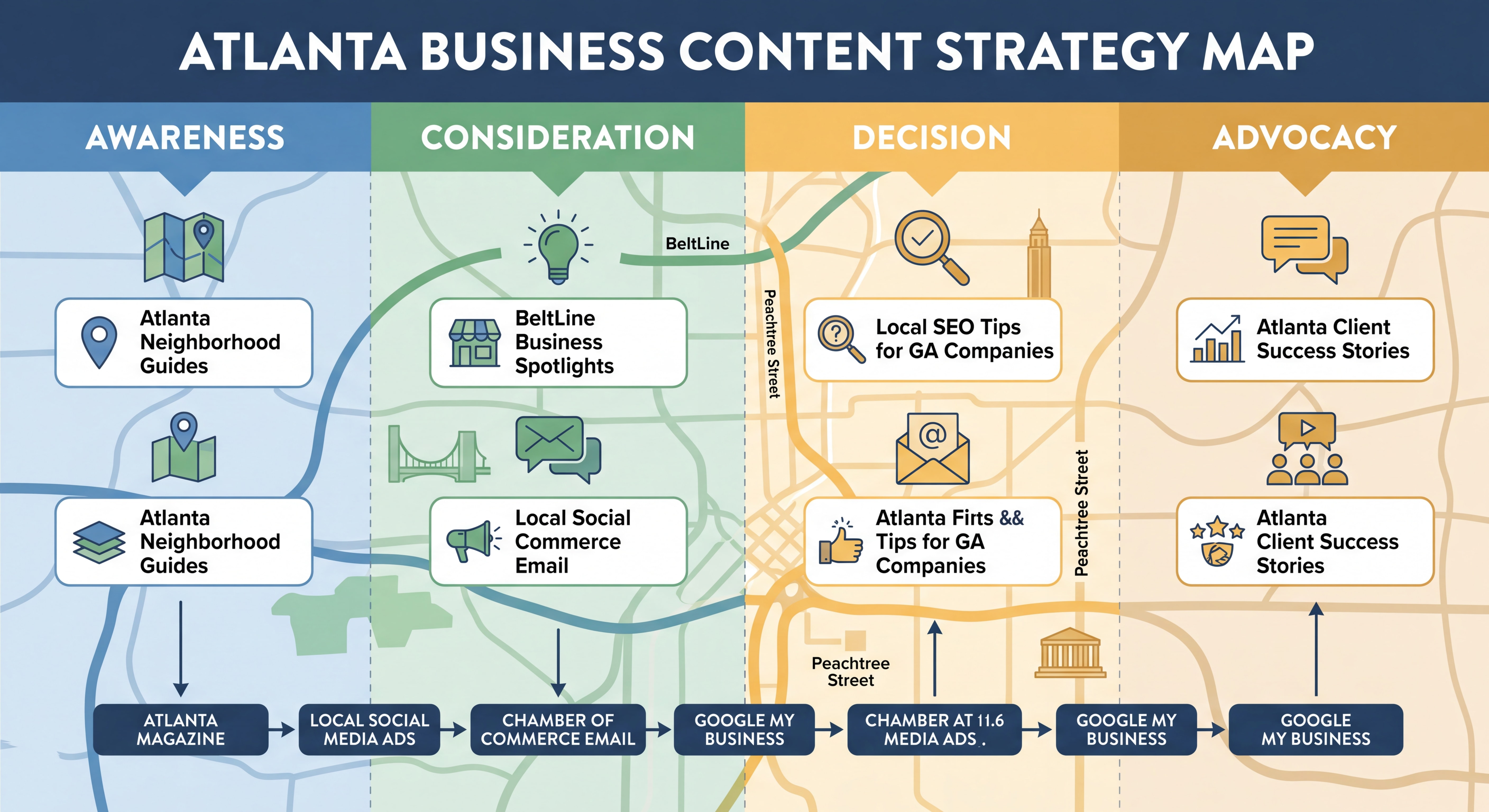 Content marketing strategy map for Atlanta business showing buyer journey stages, local content topics, and distribution channels