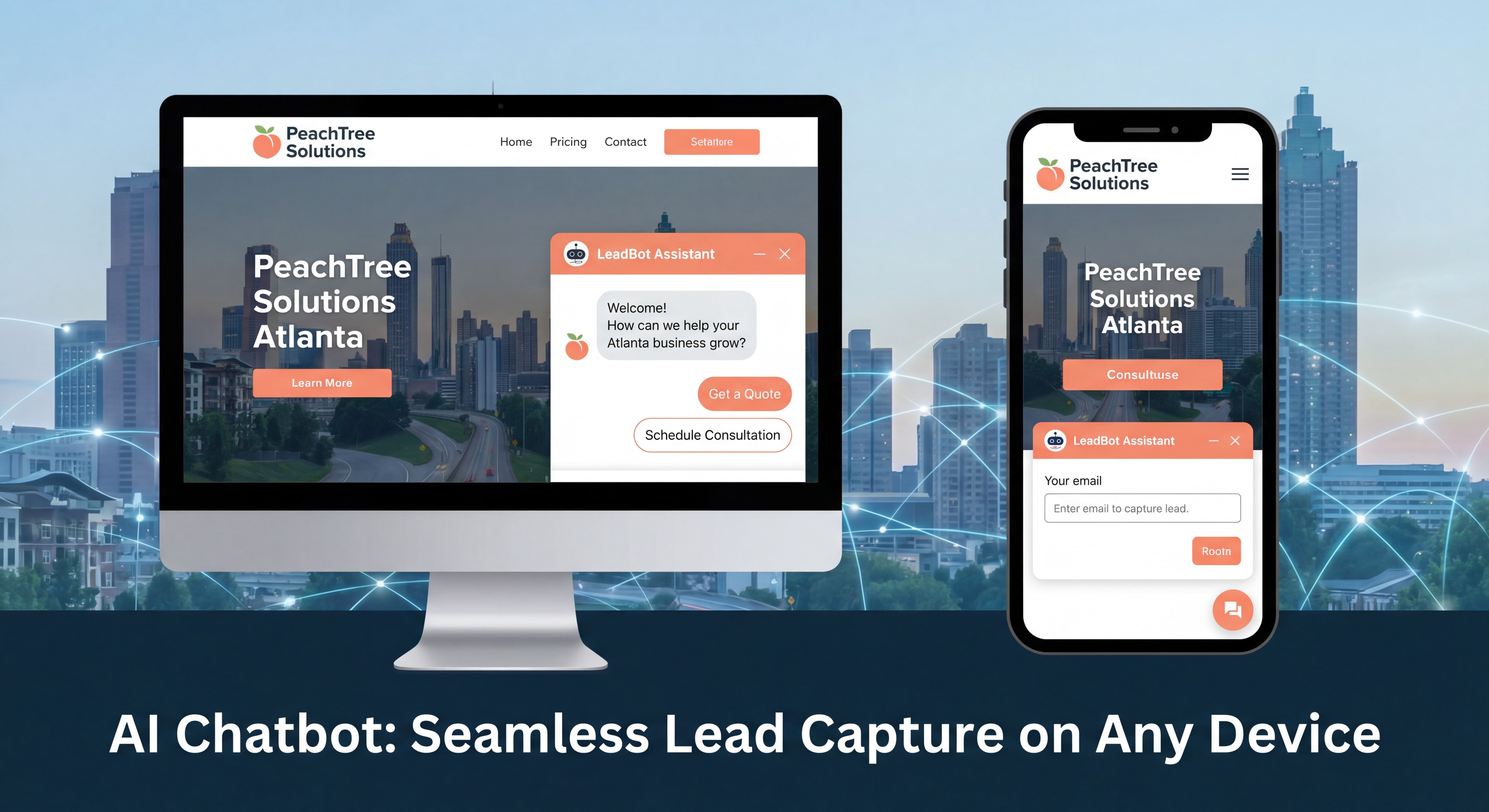 AI chatbot interface on Atlanta business website showing lead capture conversation flow and mobile-friendly design