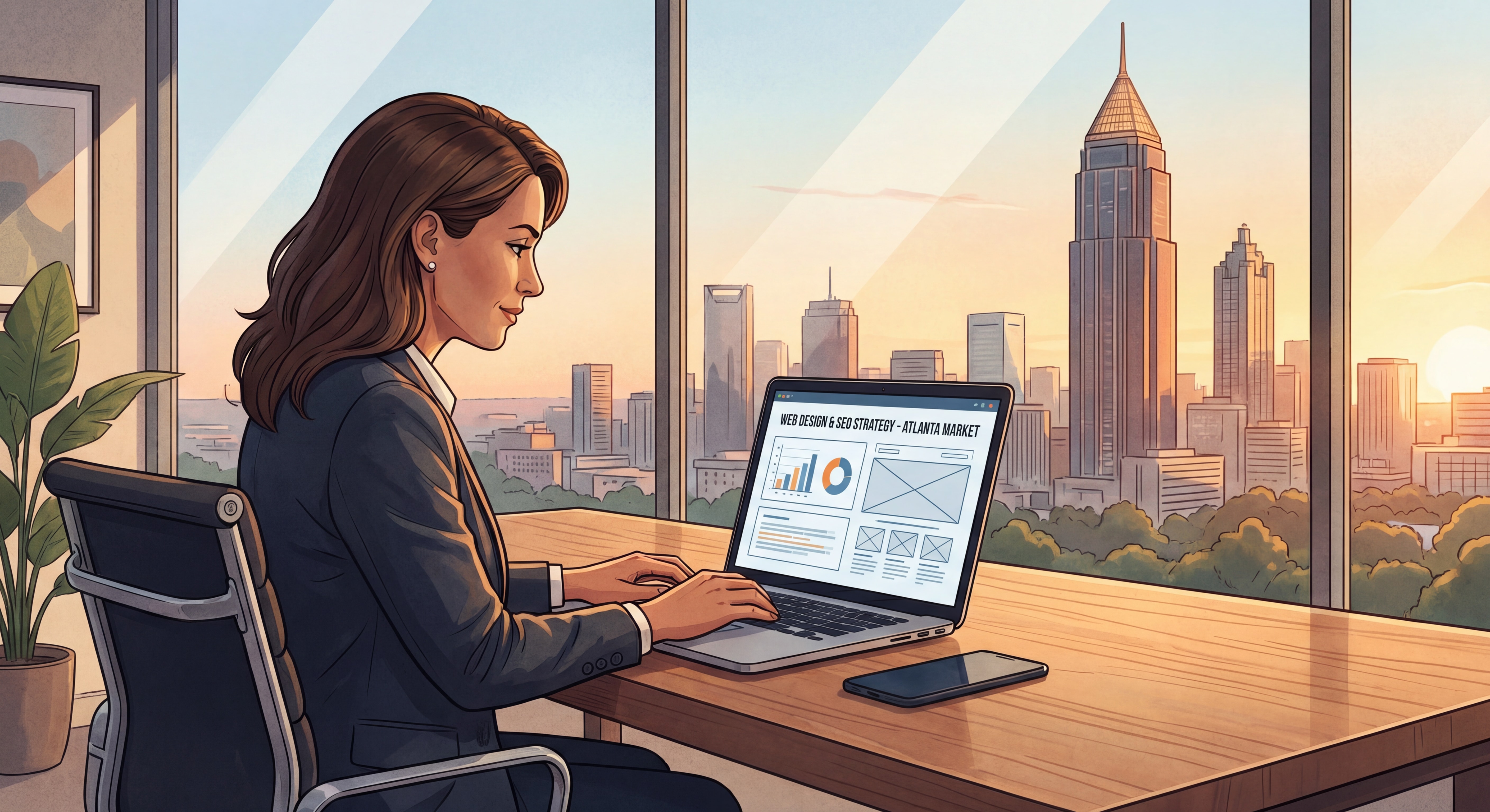 Atlanta business owner reviewing web design and SEO strategy on laptop with city skyline in background