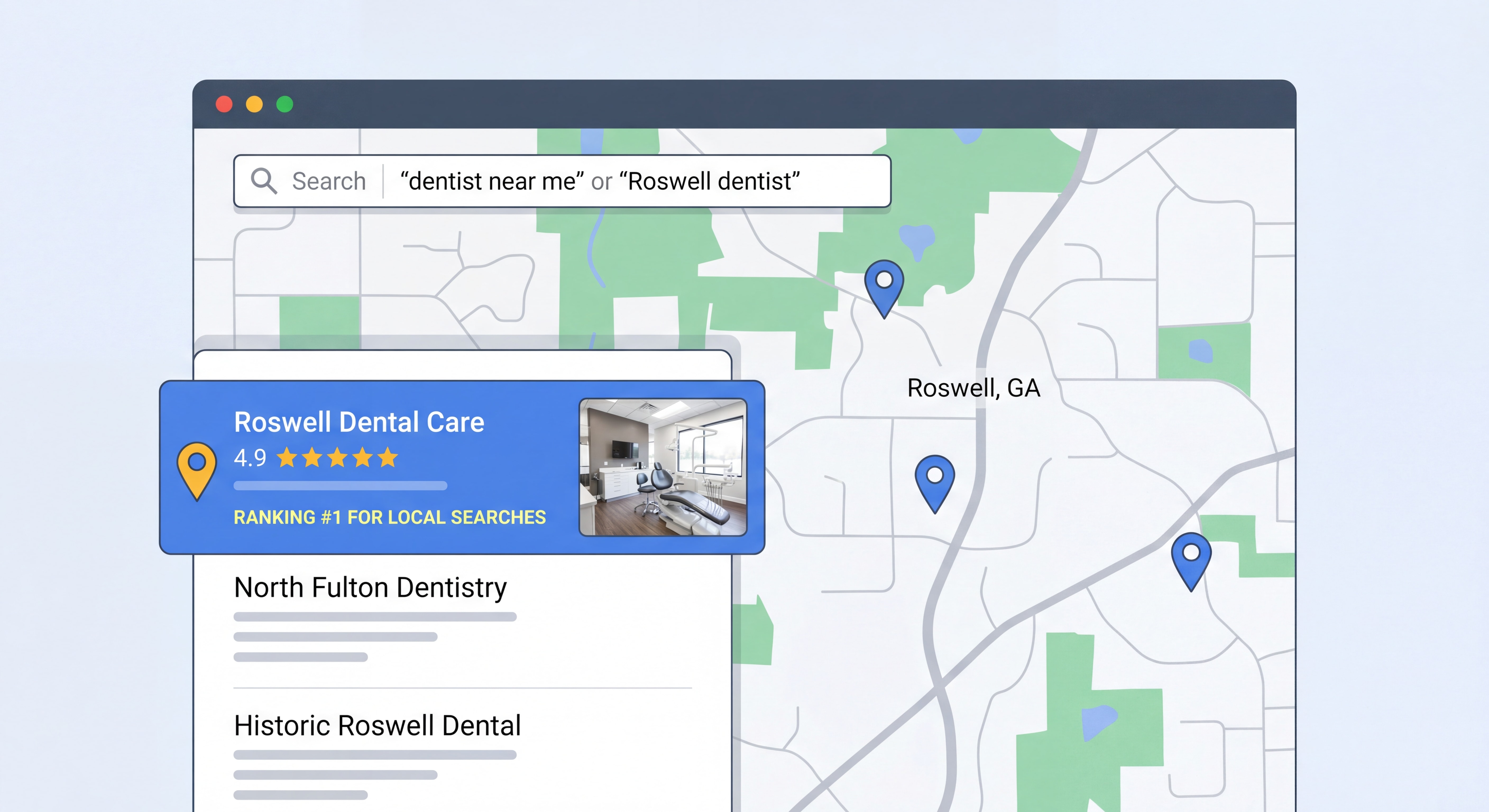 Google Maps 3-pack result showing a Roswell dental practice ranking in the top positions for local dentist searches