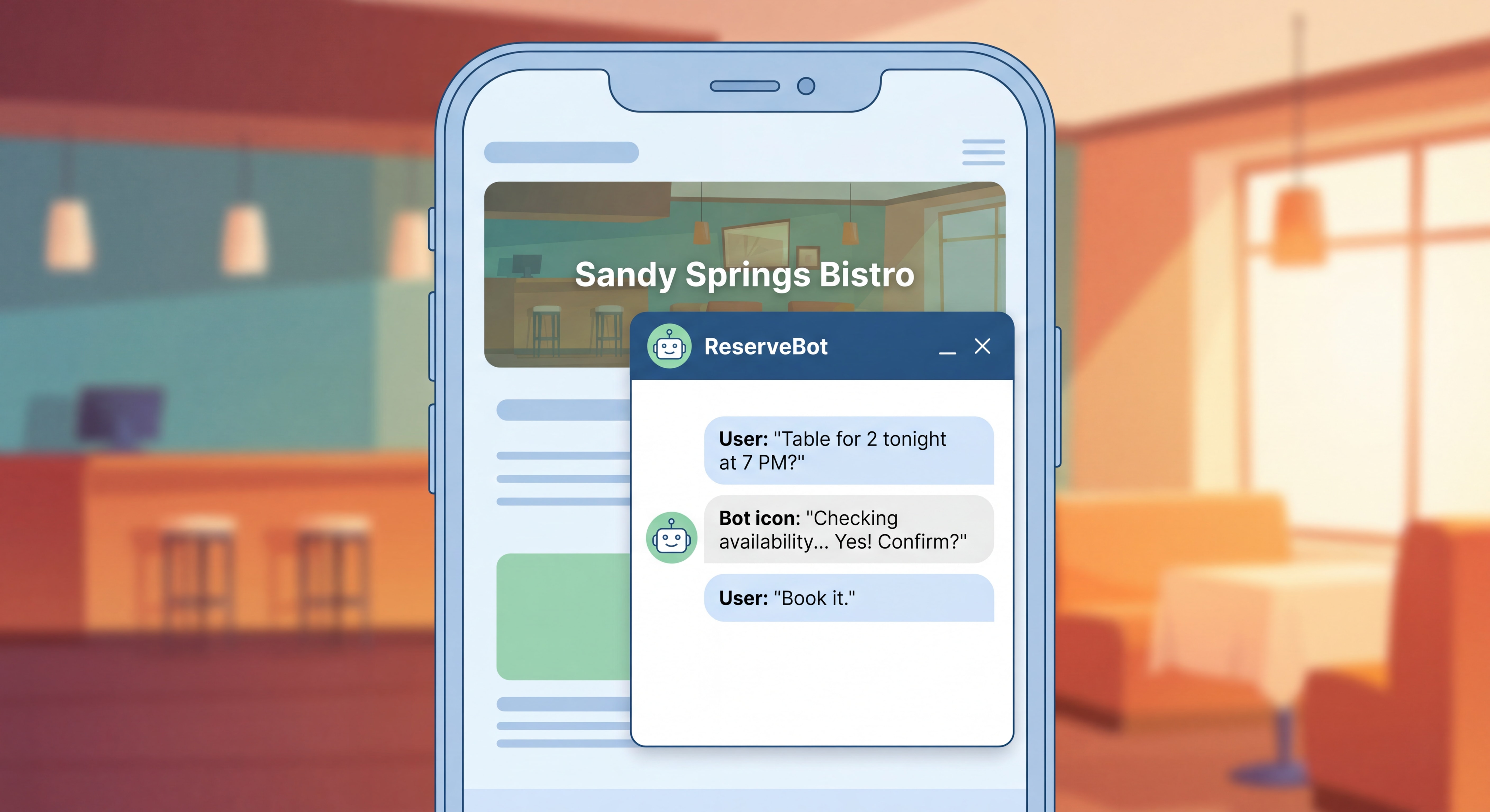AI chatbot interface on a Sandy Springs restaurant website showing a real-time reservation conversation on a mobile screen