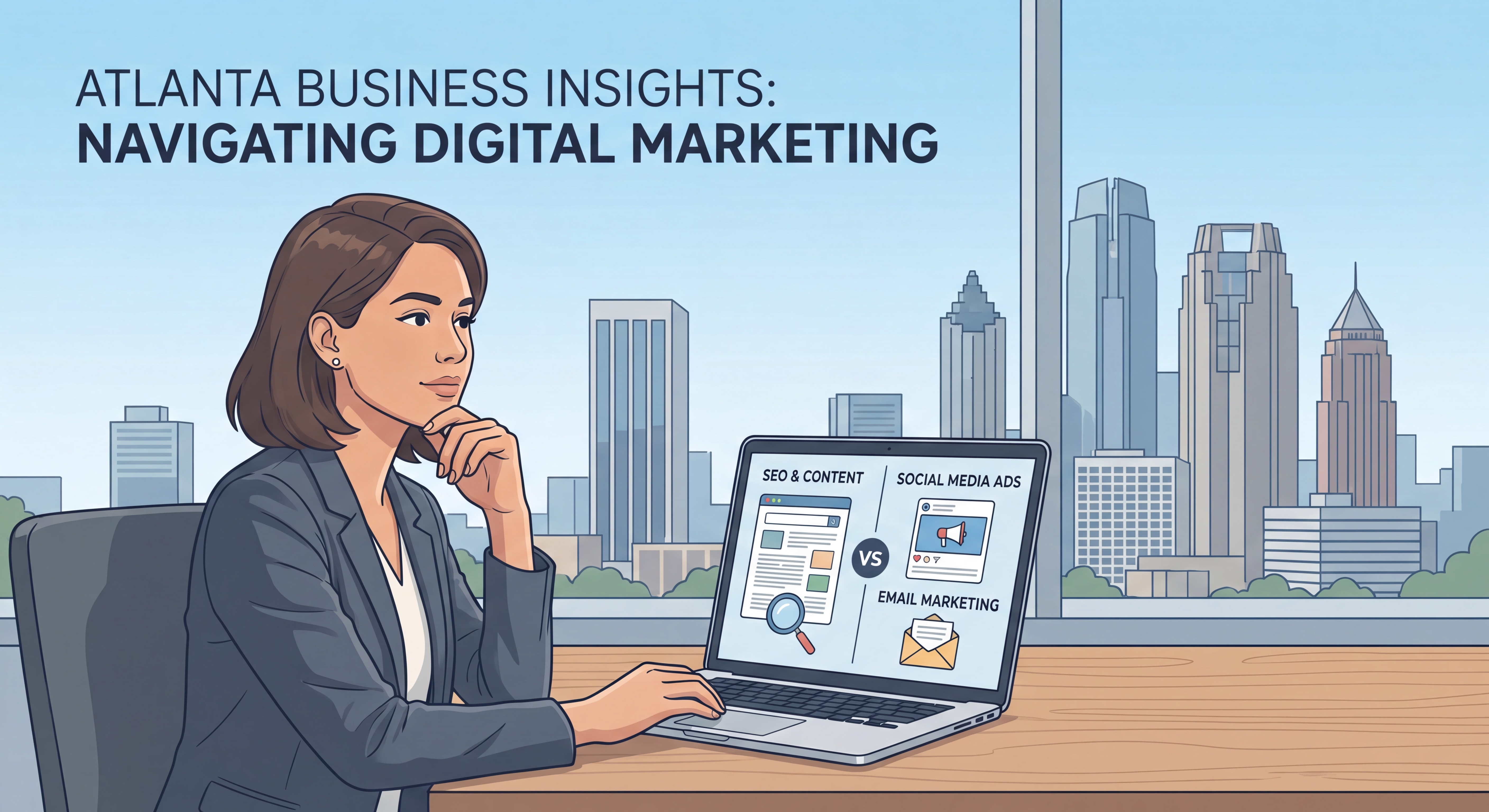 Atlanta business owner comparing digital marketing options on a laptop with the Buckhead skyline in the background