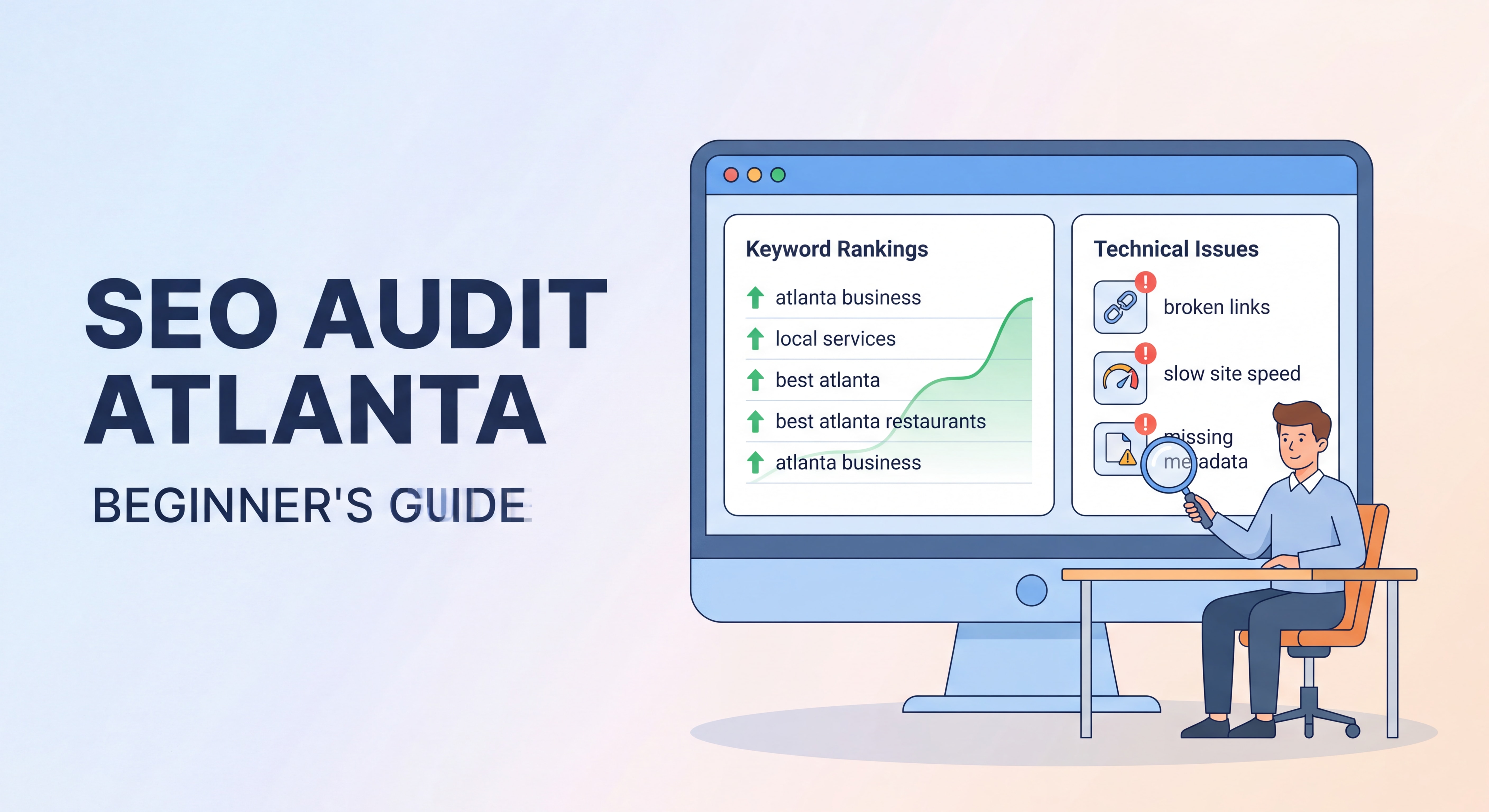 SEO audit dashboard showing keyword rankings and technical issues for an Atlanta business website — SEO audit Atlanta beginner guide