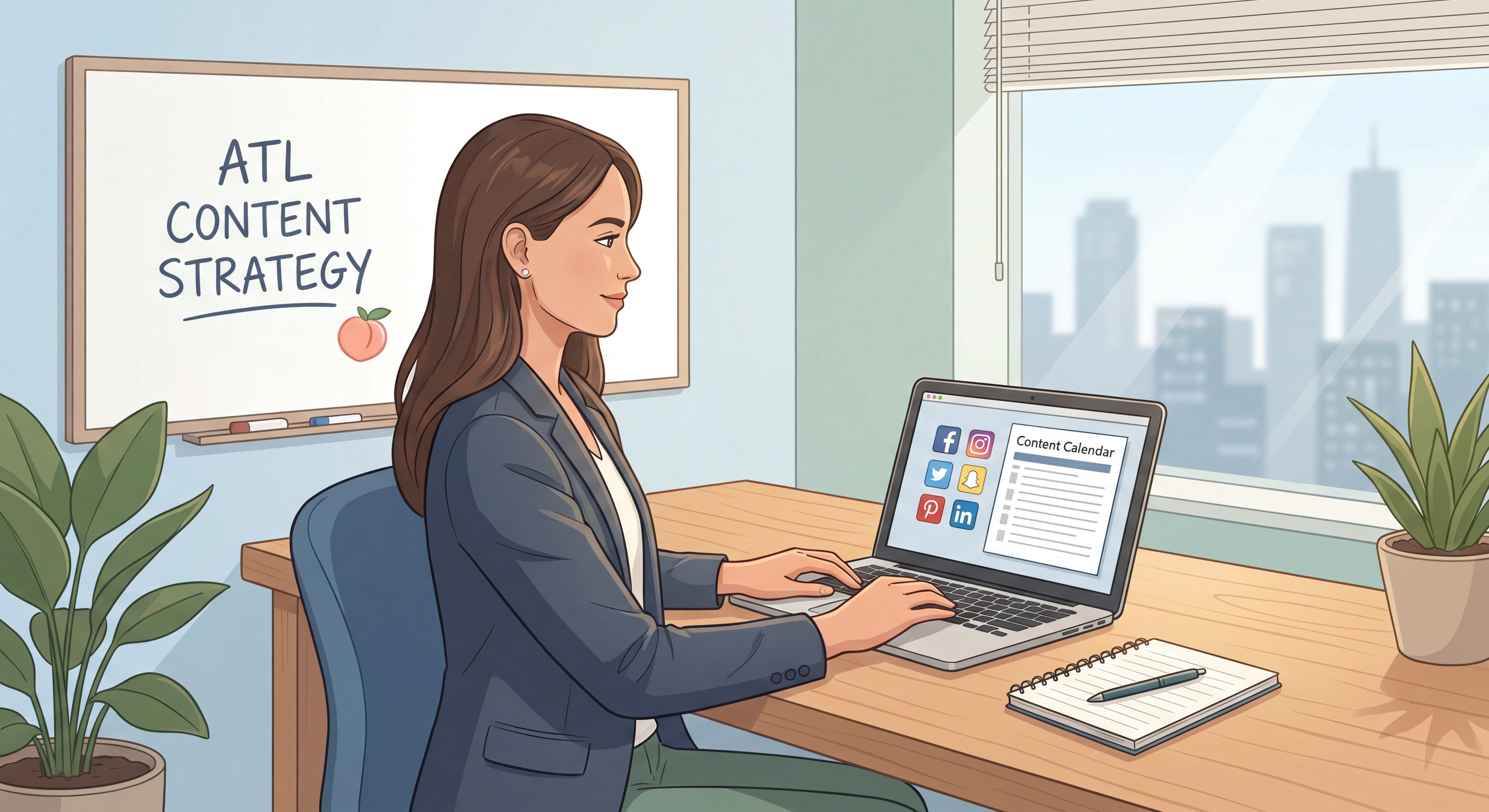 Atlanta business owner creating blog content and social media strategy at desk — content marketing Atlanta fundamentals for beginners