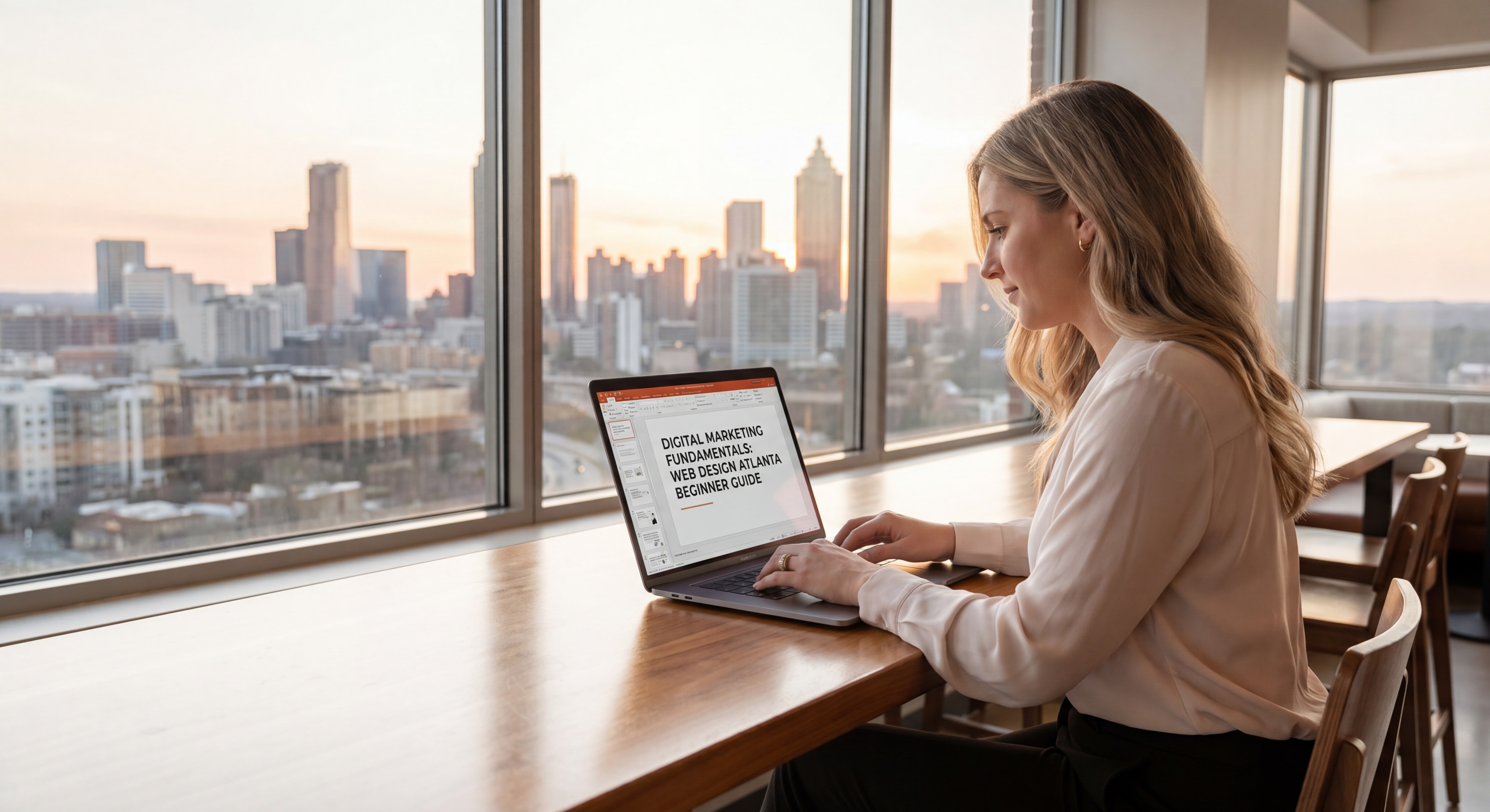 Atlanta small business owner reviewing digital marketing fundamentals on laptop with city skyline in background — web design Atlanta beginner guide