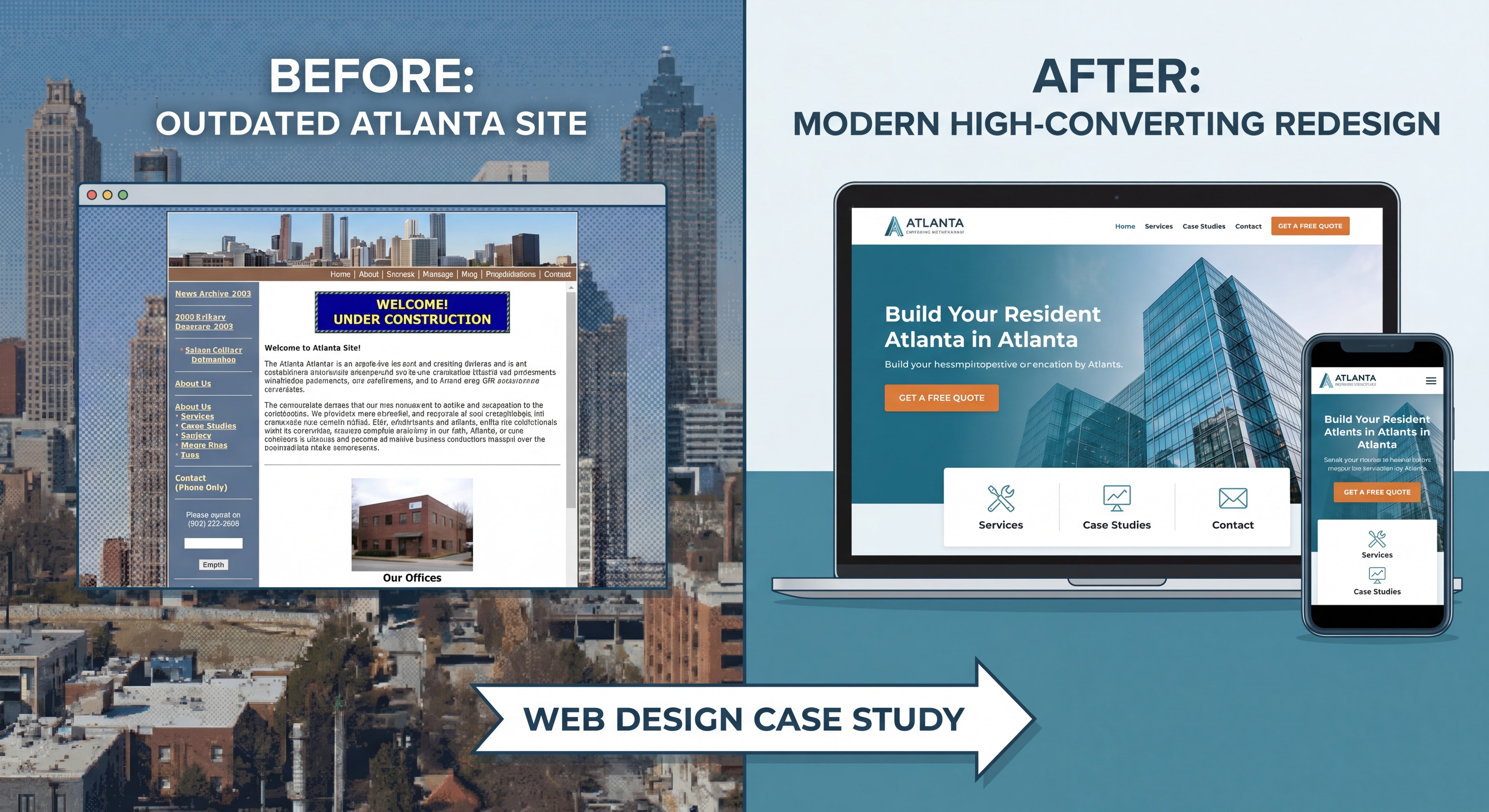 Split-screen comparison of an outdated Atlanta business website versus a modern high-converting redesign