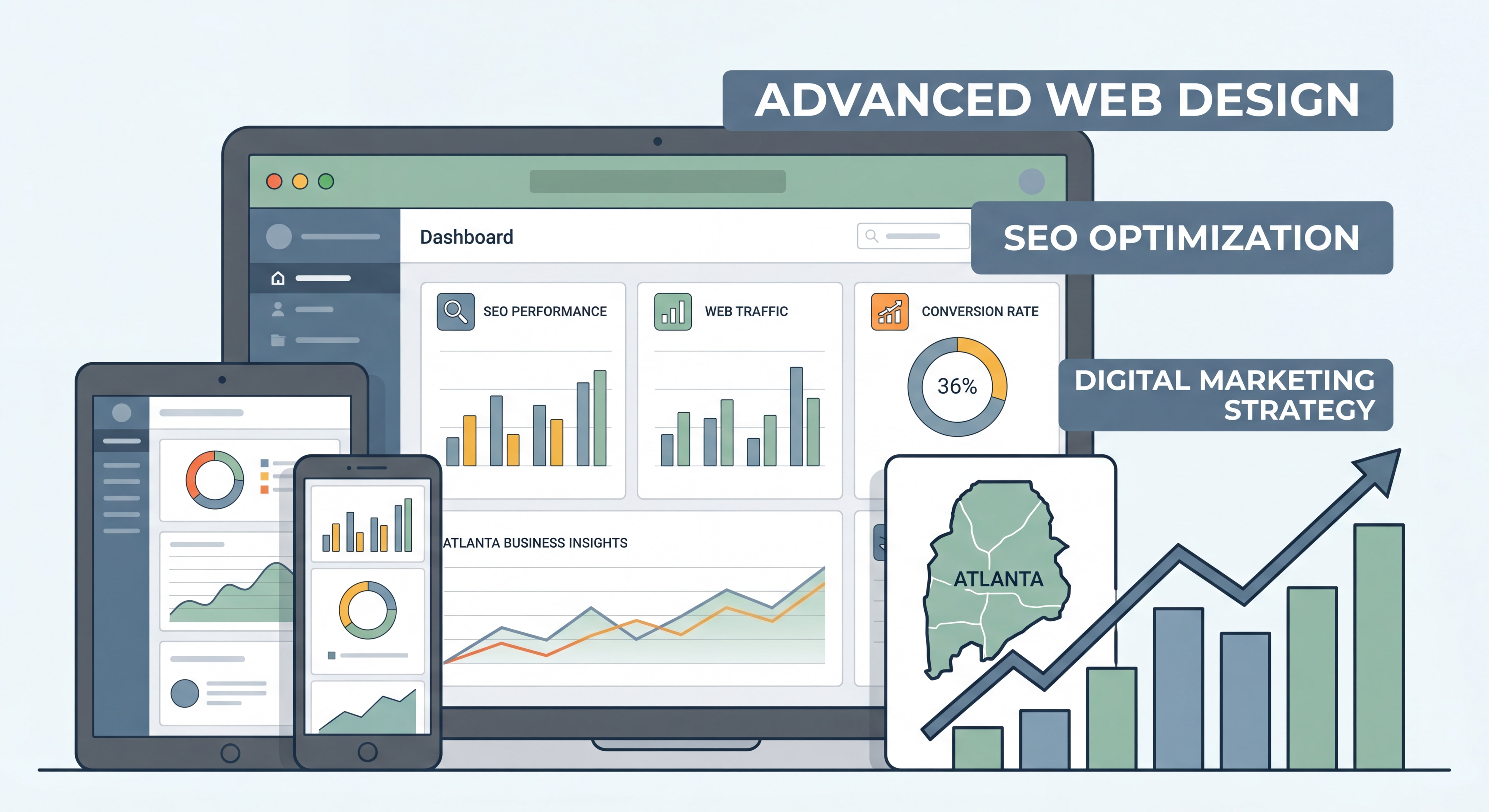 Advanced web design and SEO optimization dashboard for Atlanta businesses — digital marketing strategy visual