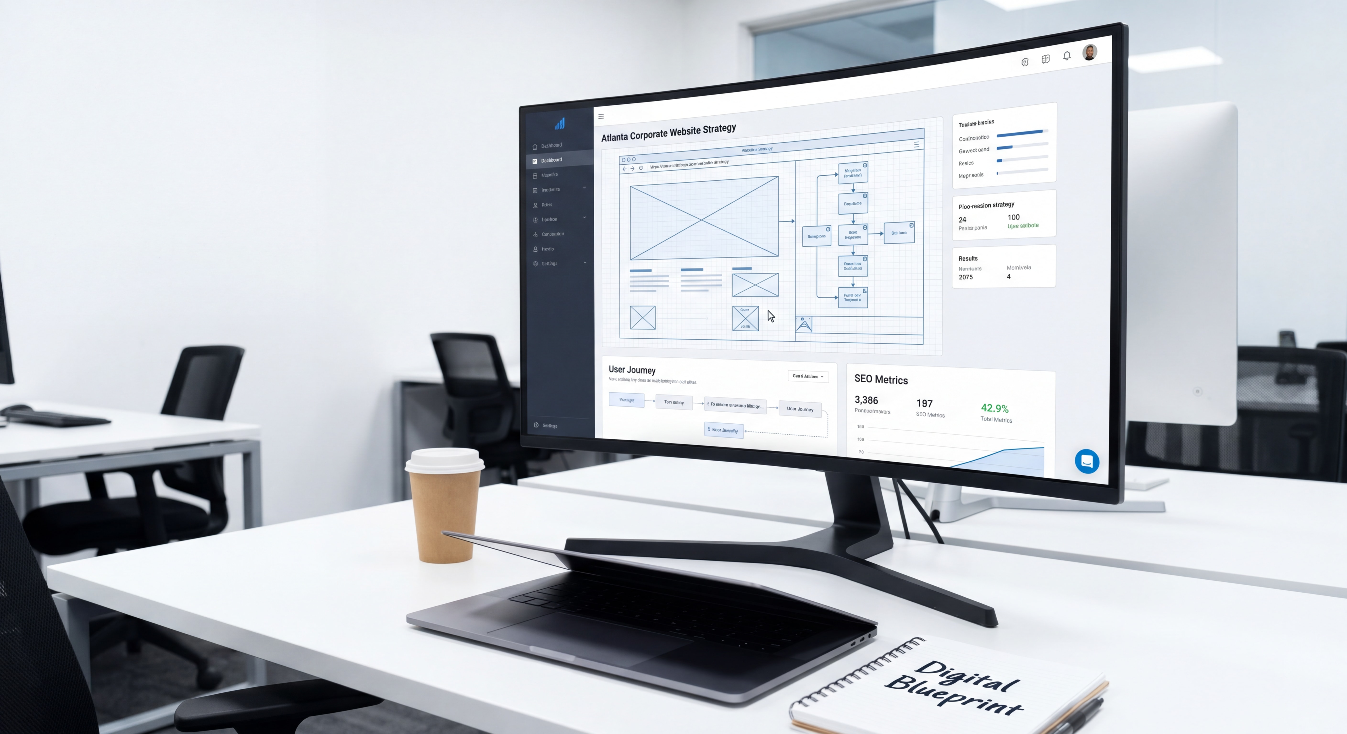 Professional web design dashboard showing digital blueprint strategy for Atlanta corporate website