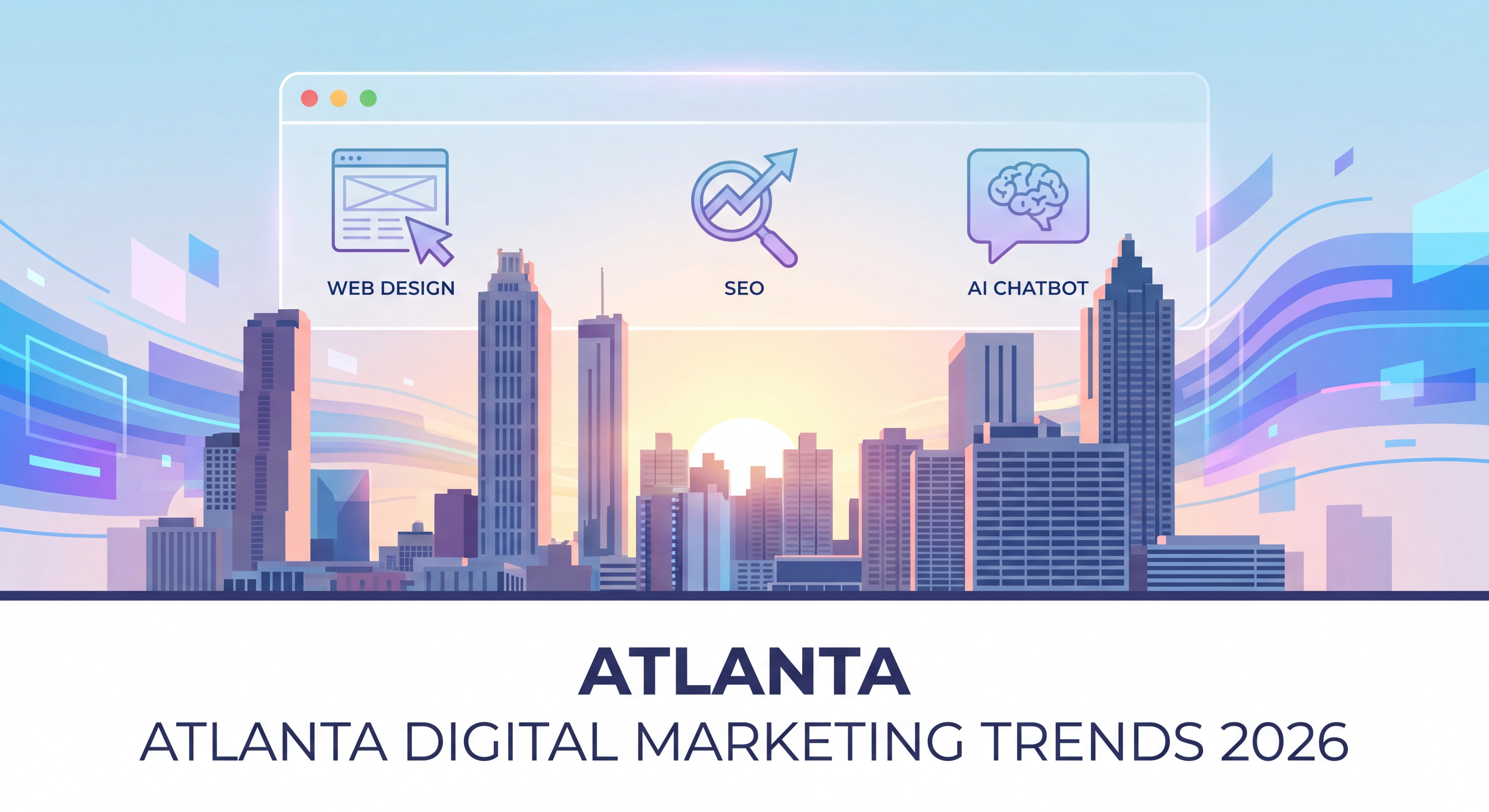 Atlanta skyline with digital marketing overlay representing web design SEO and AI chatbot trends in 2026
