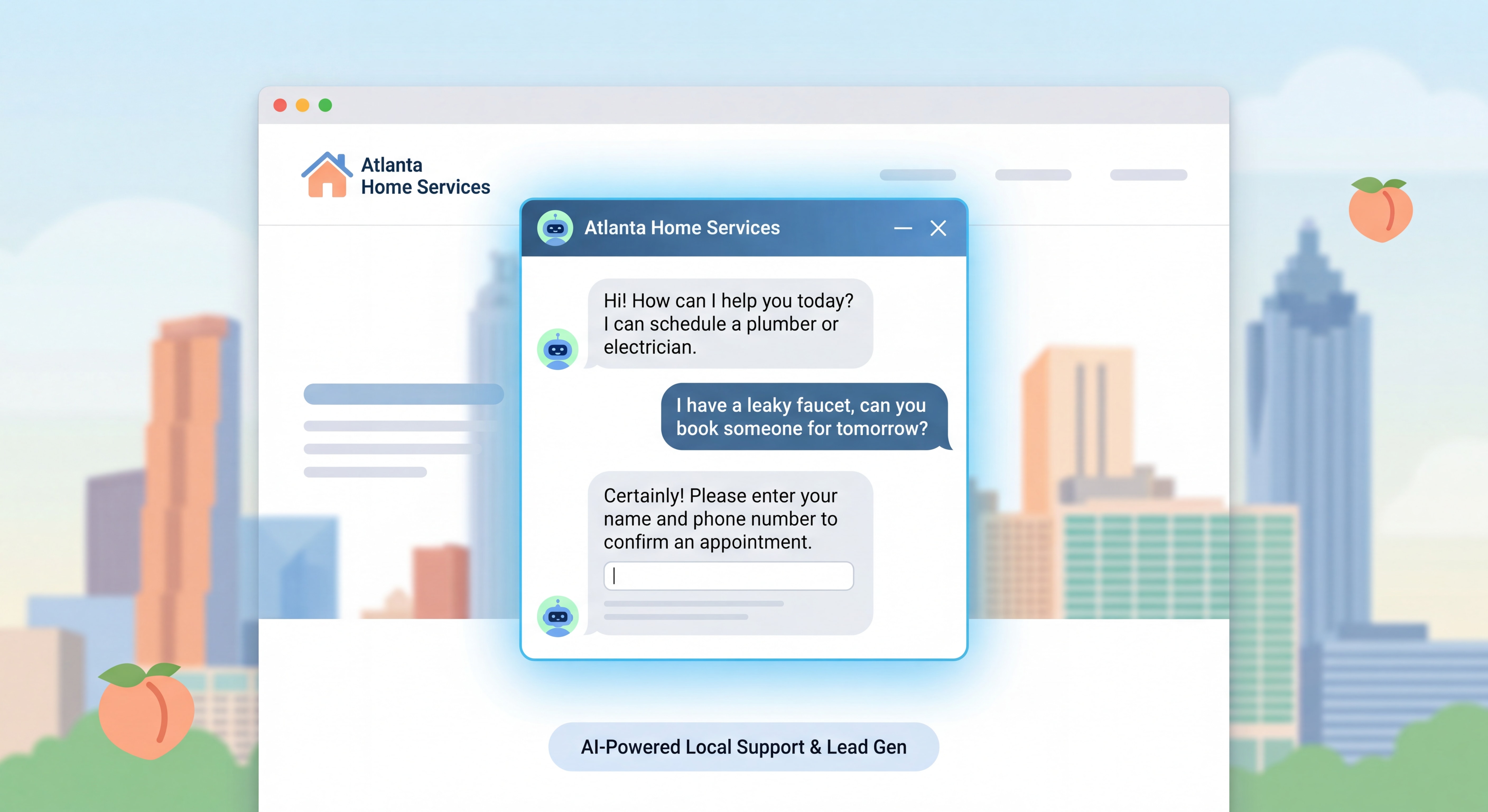 AI chatbot interface on a small business website in Atlanta showing customer service conversation and lead capture functionality for local service businesses