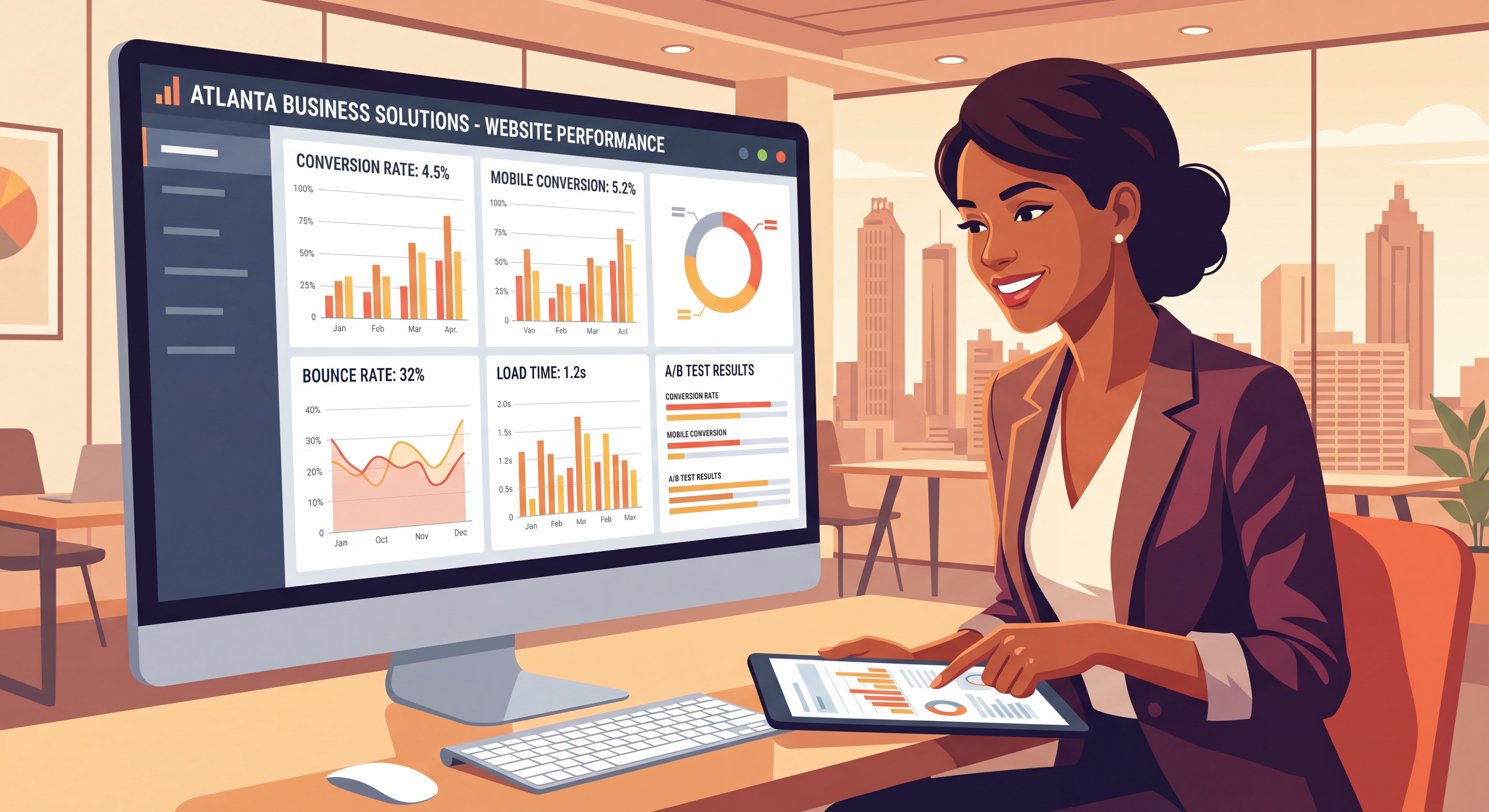 Atlanta business owner reviewing website analytics dashboard showing conversion rate data and web design performance metrics