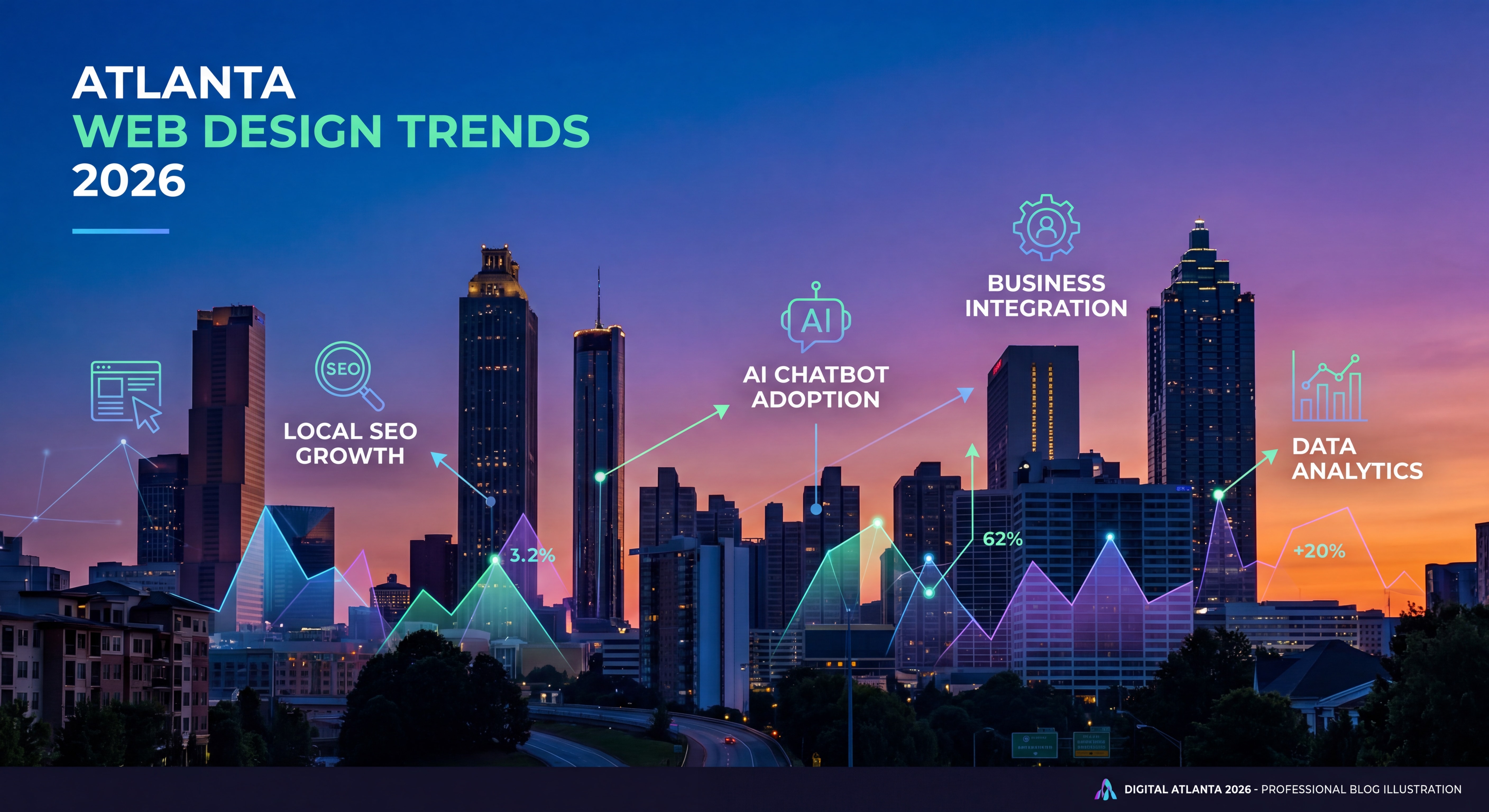 Atlanta skyline at dusk with digital marketing data overlays representing web design SEO and AI chatbot trends for Atlanta businesses in 2026