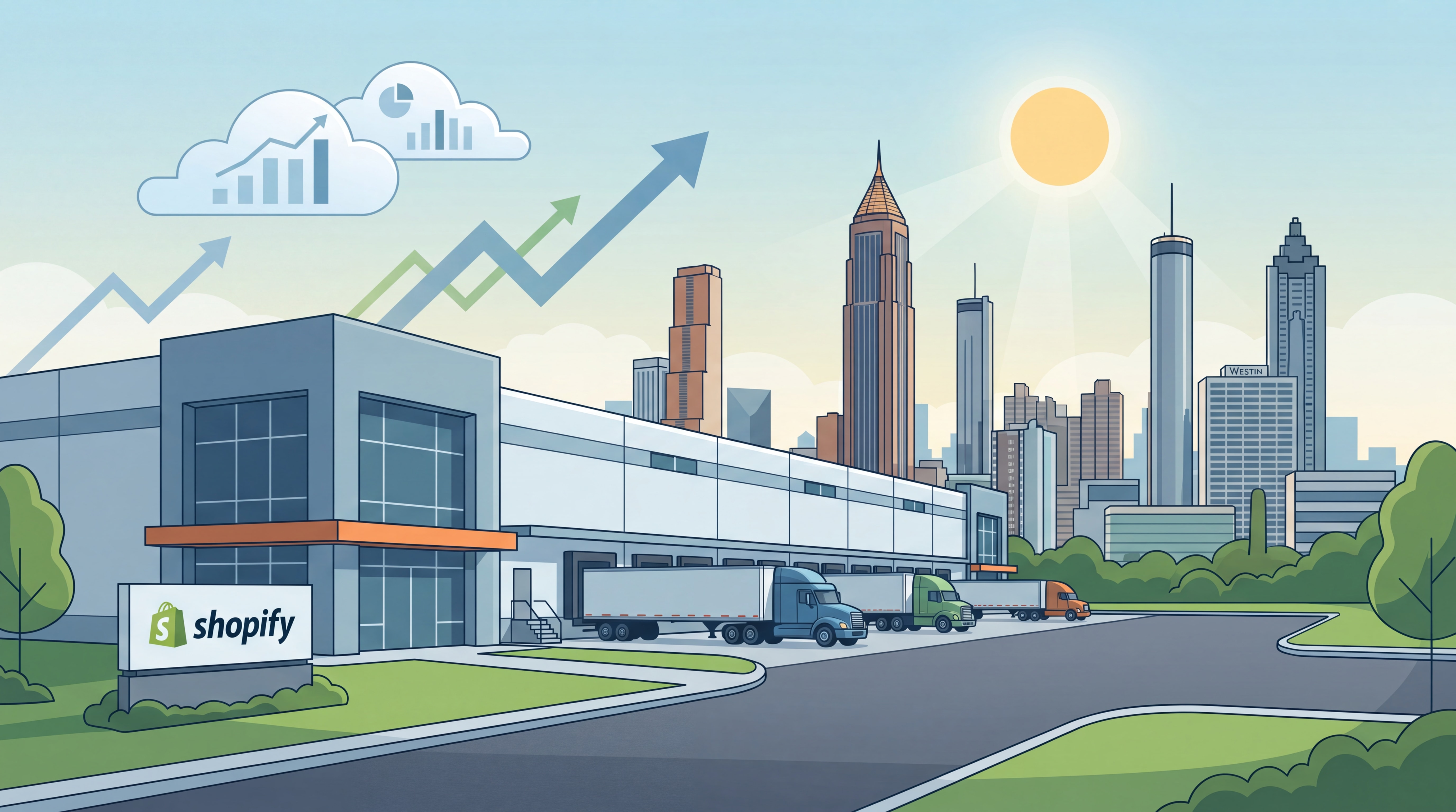 Shopify Georgia distribution center exterior with Atlanta skyline in the background representing ecommerce growth