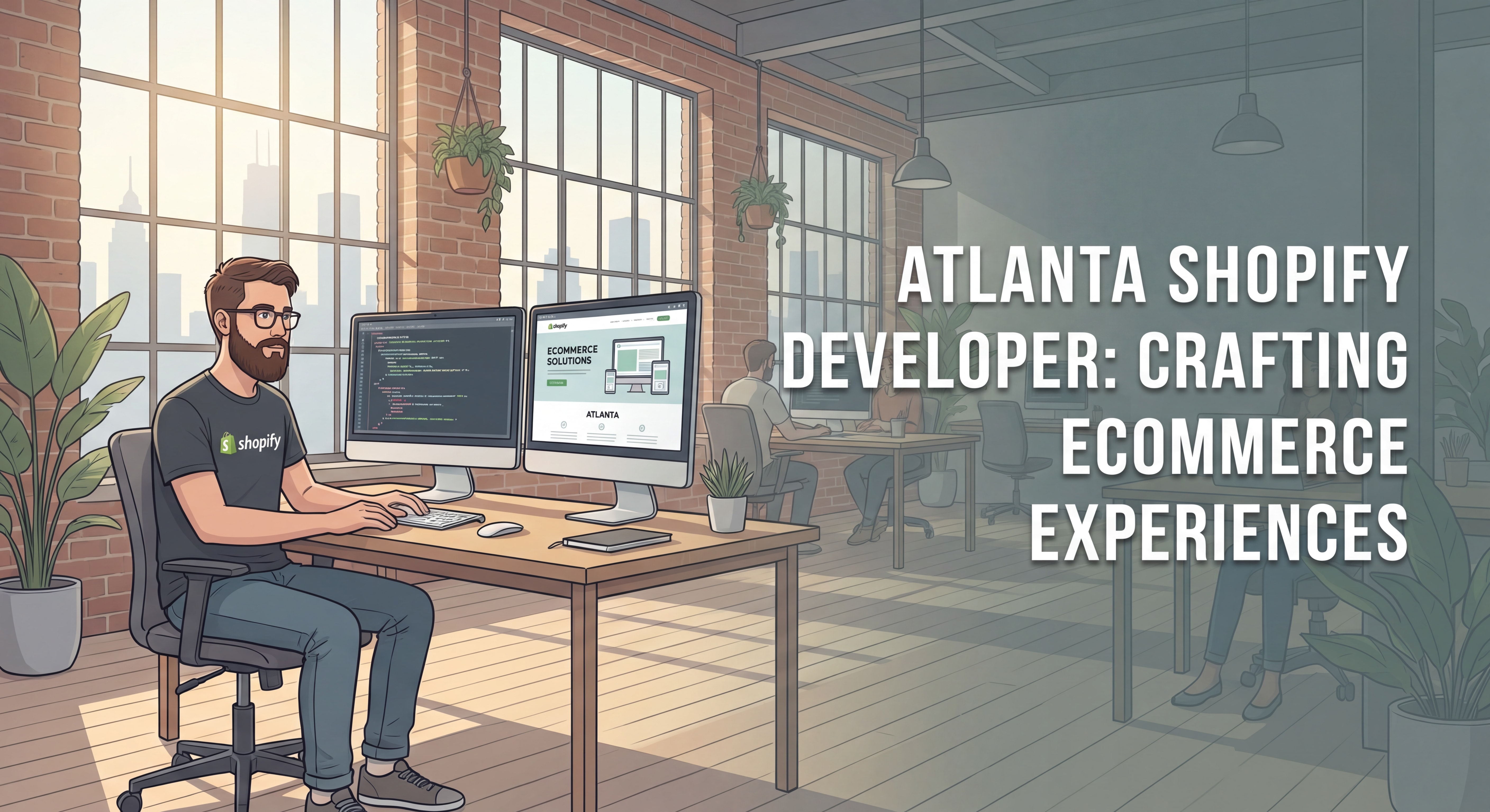 Shopify developer Atlanta working on ecommerce web design on dual monitors in a modern Atlanta co-working space