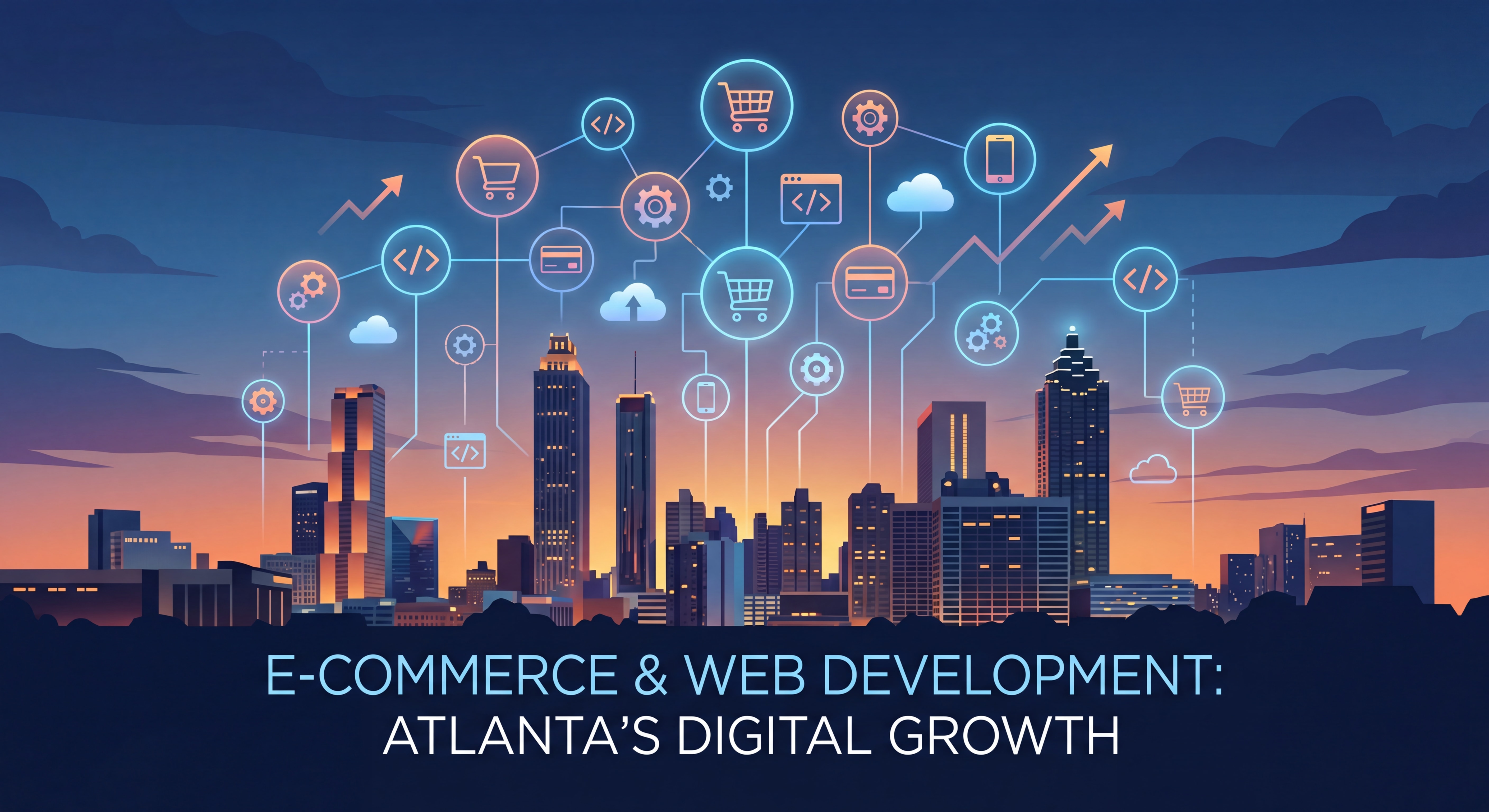Atlanta skyline at dusk with digital commerce icons overlay representing ecommerce web design and website development Atlanta growth