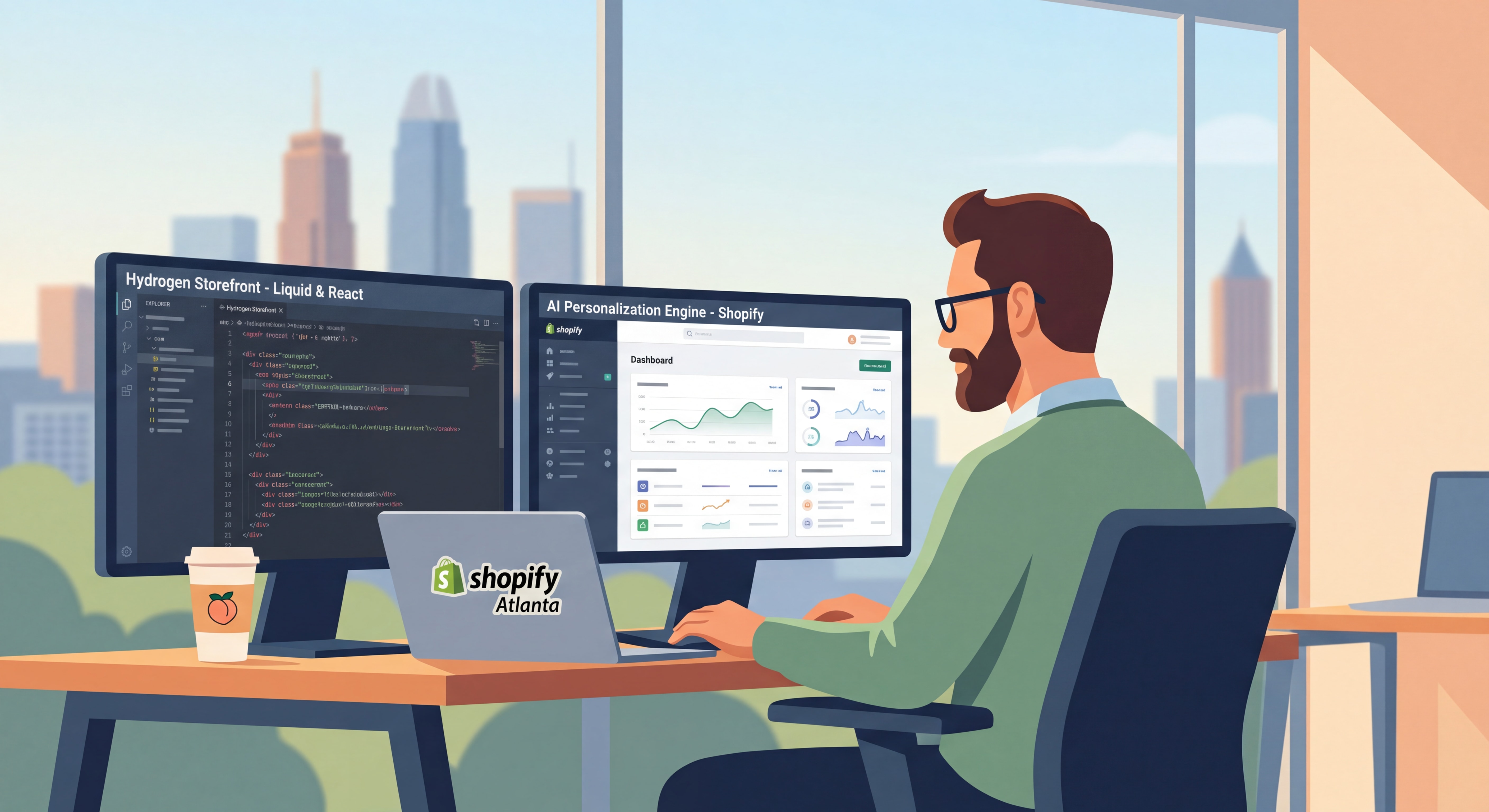 Shopify developer Atlanta working on headless commerce Hydrogen storefront with AI personalization dashboard on screen